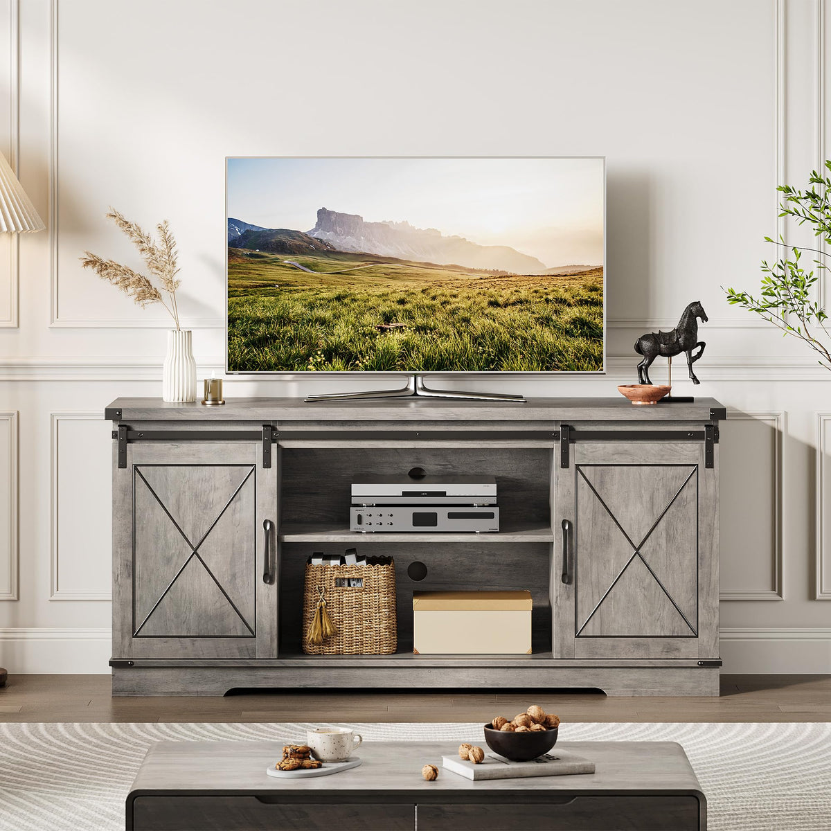 59" Farmhouse TV Stand with Sliding Barn Doors & Adjustable Shelves, Gray P5734