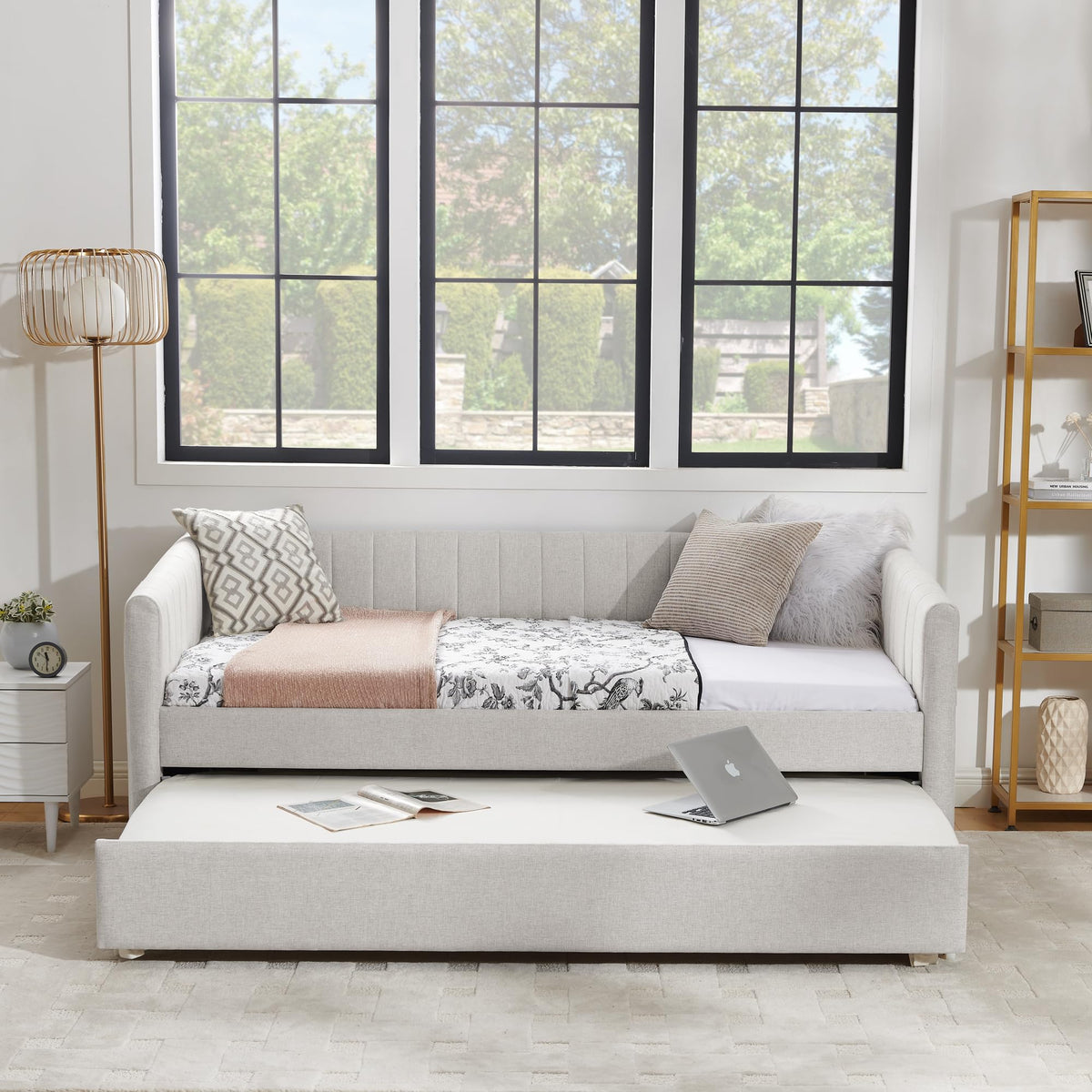 Beige Linen Twin Size Daybed with Trundle Z1891