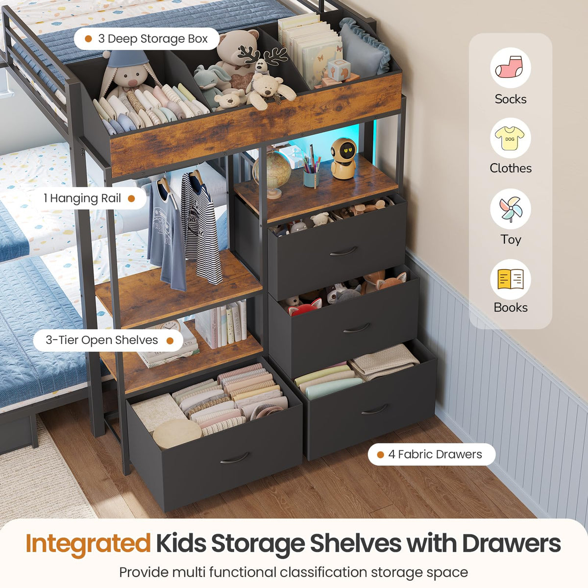Black Triple Bunk Bed with 8 Storage Drawers and Stair V25739