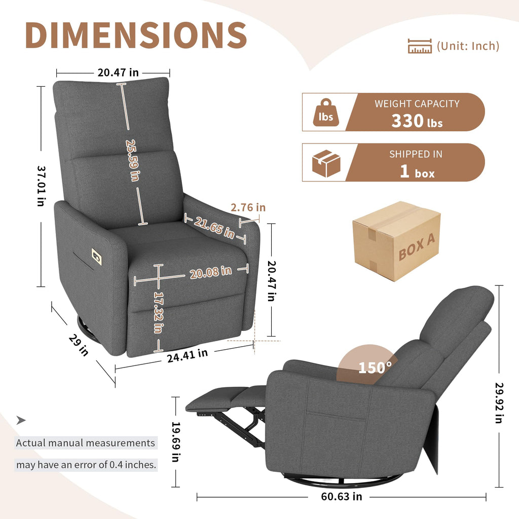 29" Electric Power Swivel Rocking Recliner Chair Dark Gray J544787
