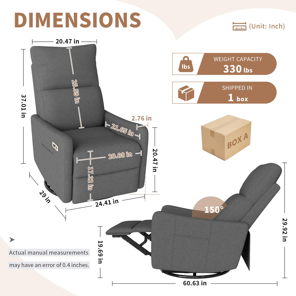 29" Electric Power Swivel Rocking Recliner Chair Dark Gray J544787