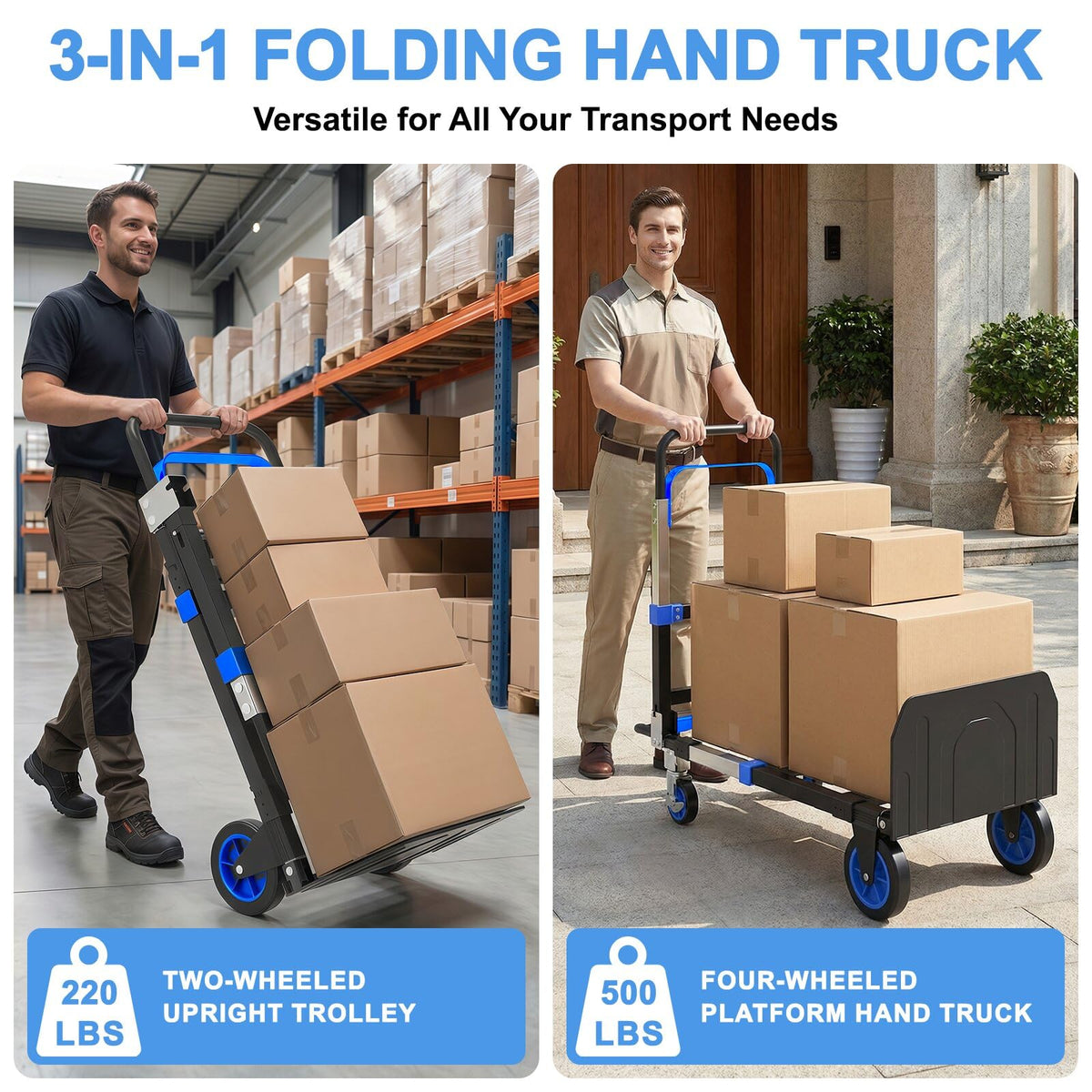 3-in-1 Folding Heavy Duty Hand Truck Dolly Cart Trolley with Wheels (Blue) R6695