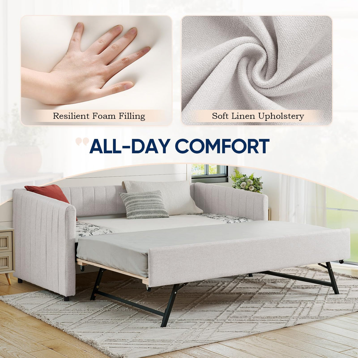 Beige Linen Twin Size Daybed with Trundle Z1891