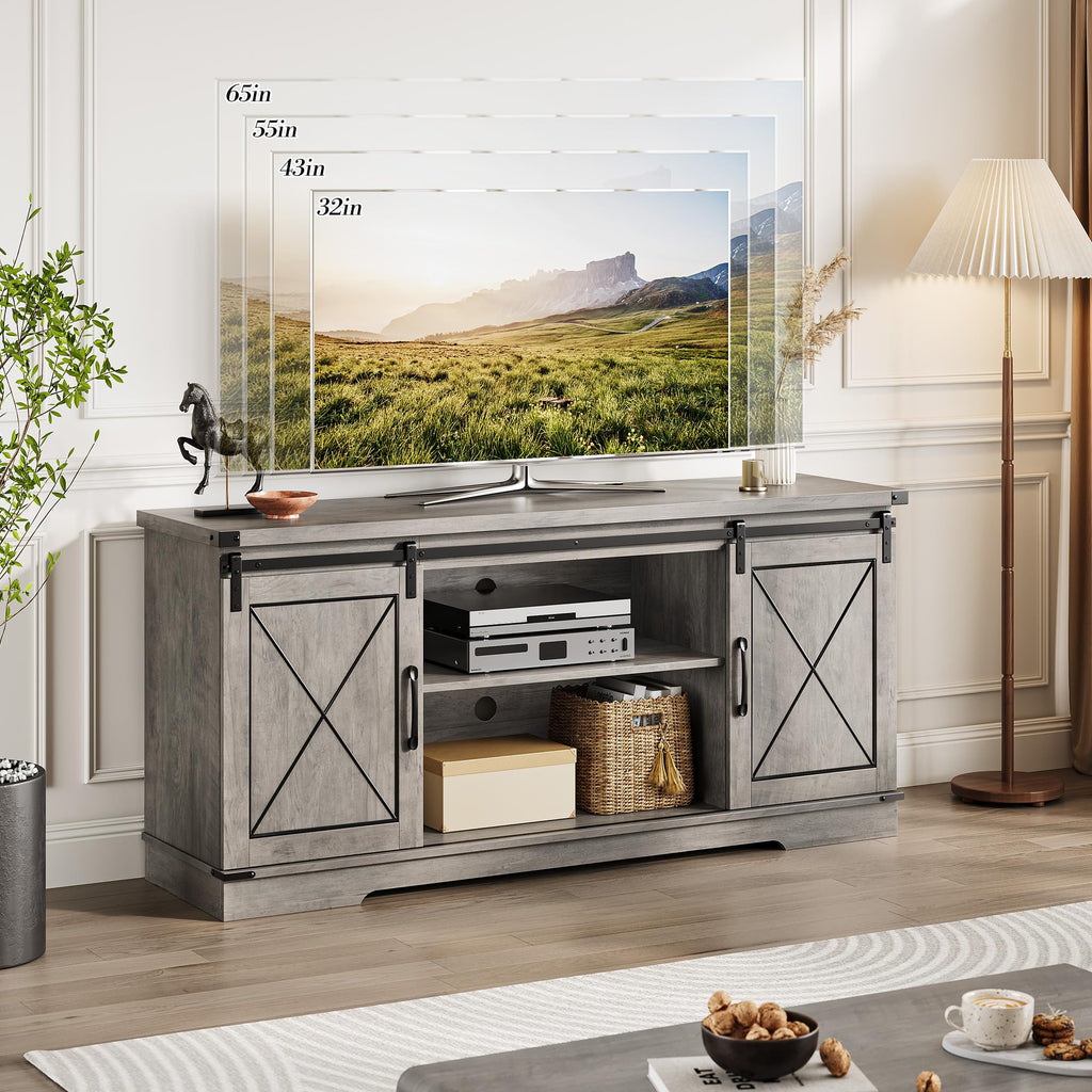 59" Farmhouse TV Stand with Sliding Barn Doors & Adjustable Shelves, Gray P5734