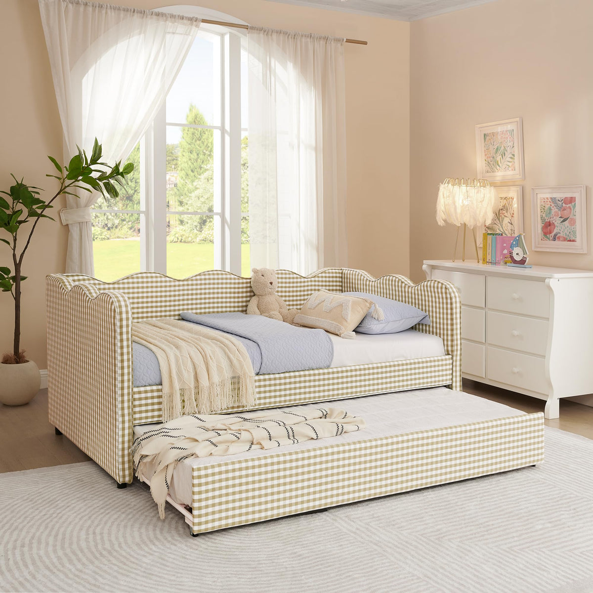 Twin Size Gingham Daybed with Trundle and USB Ports X920