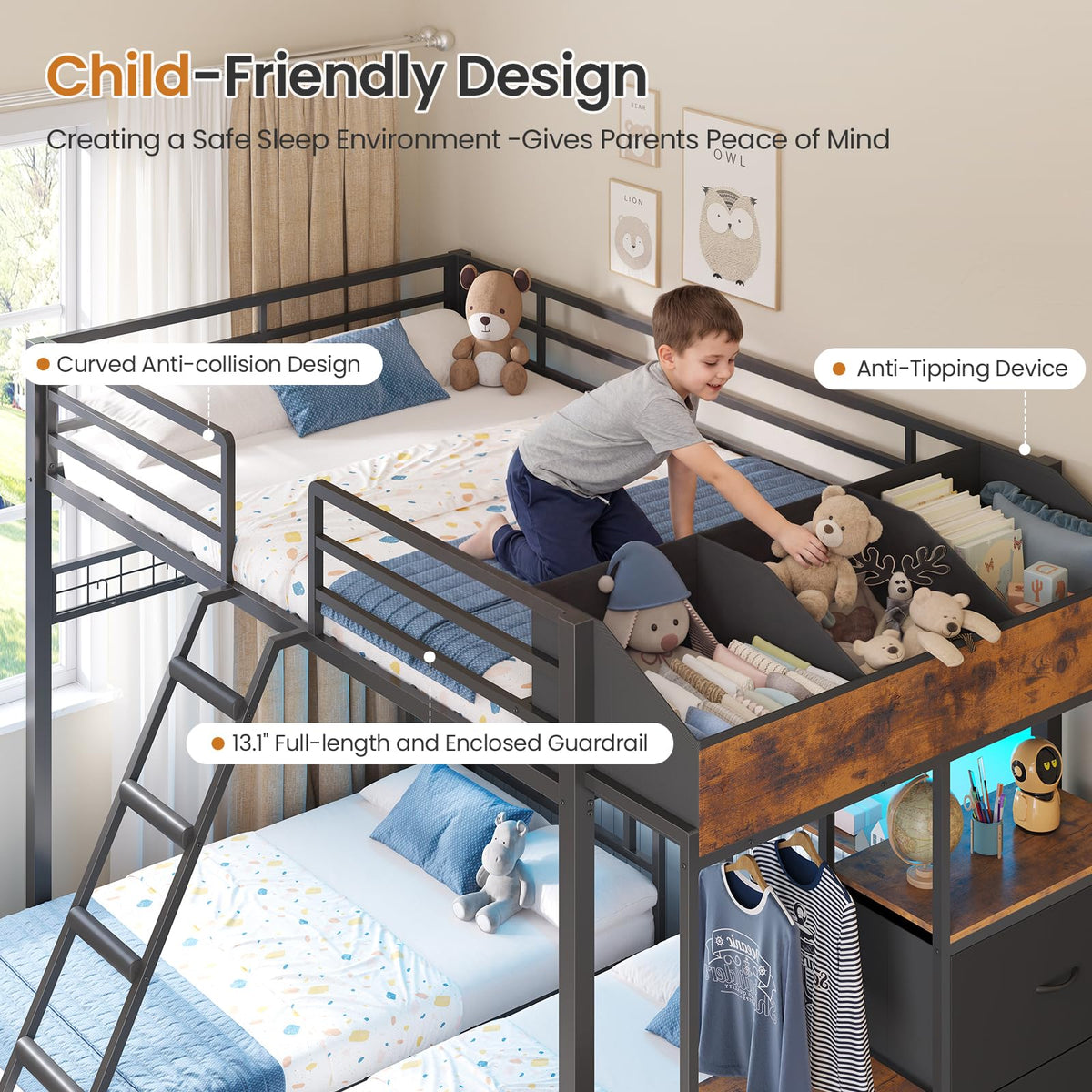 Black Triple Bunk Bed with 8 Storage Drawers and Stair V25739