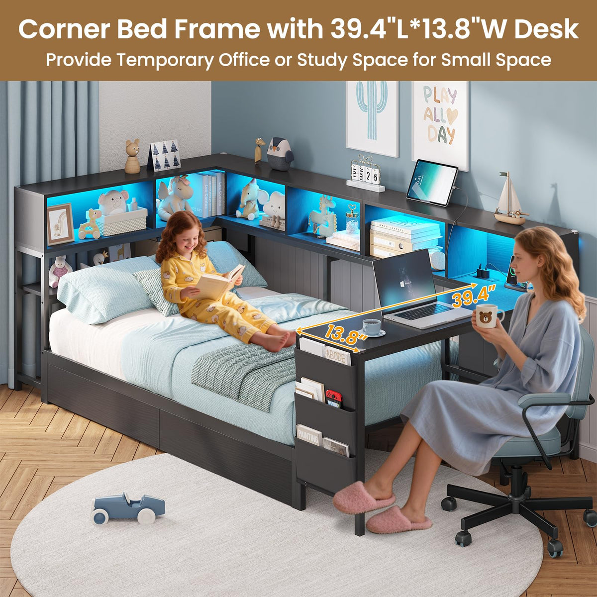 Black Twin Size Corner Bed Frame with Desk and Storage Y6786