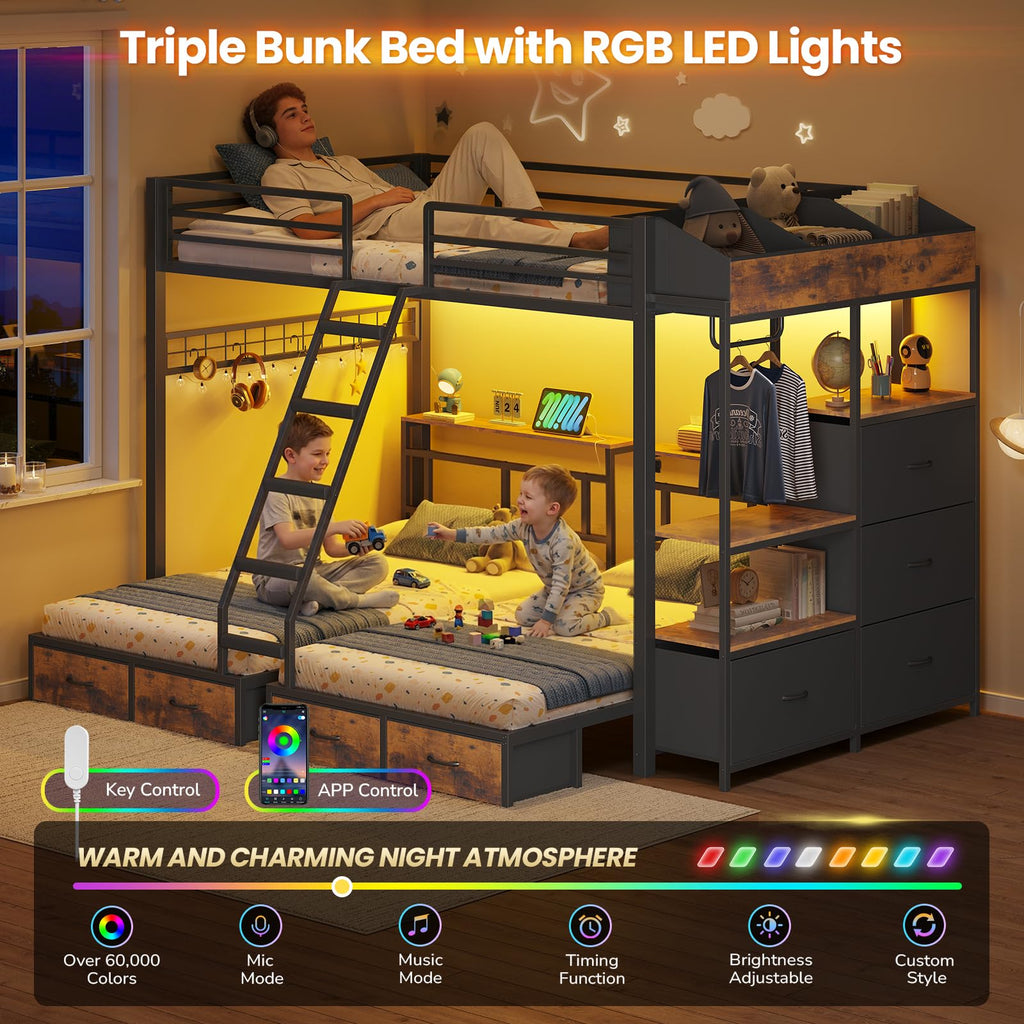 Black Triple Bunk Bed with 8 Storage Drawers and Stair V25739