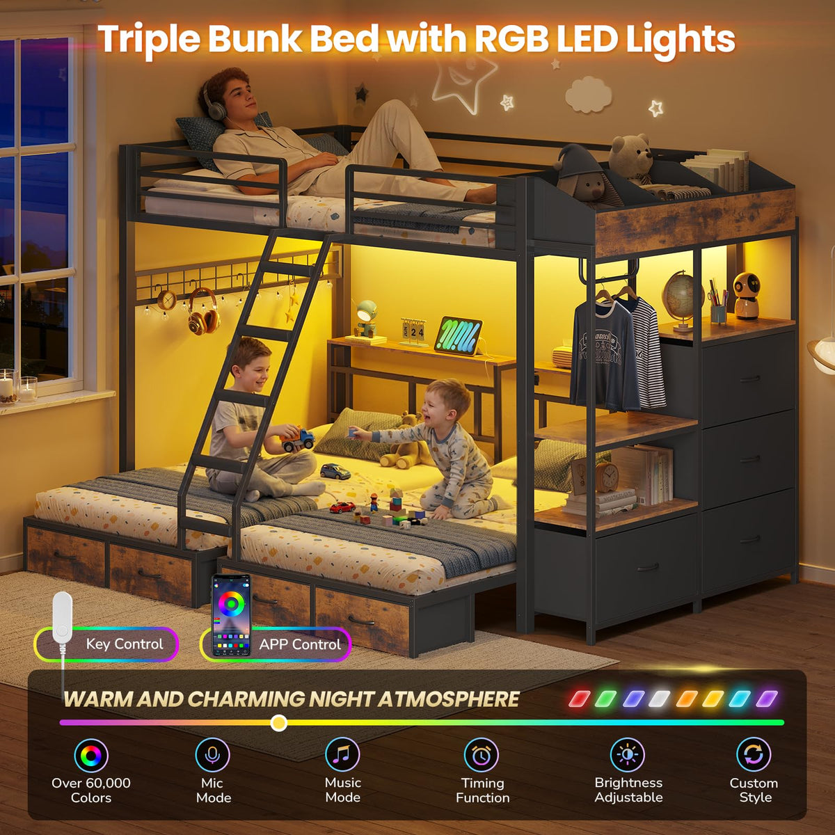 Black Triple Bunk Bed with 8 Storage Drawers and Stair V25739