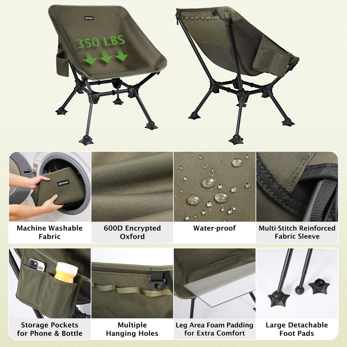 2 Pack Green Folding Camping Chair with Storage Bag X1590