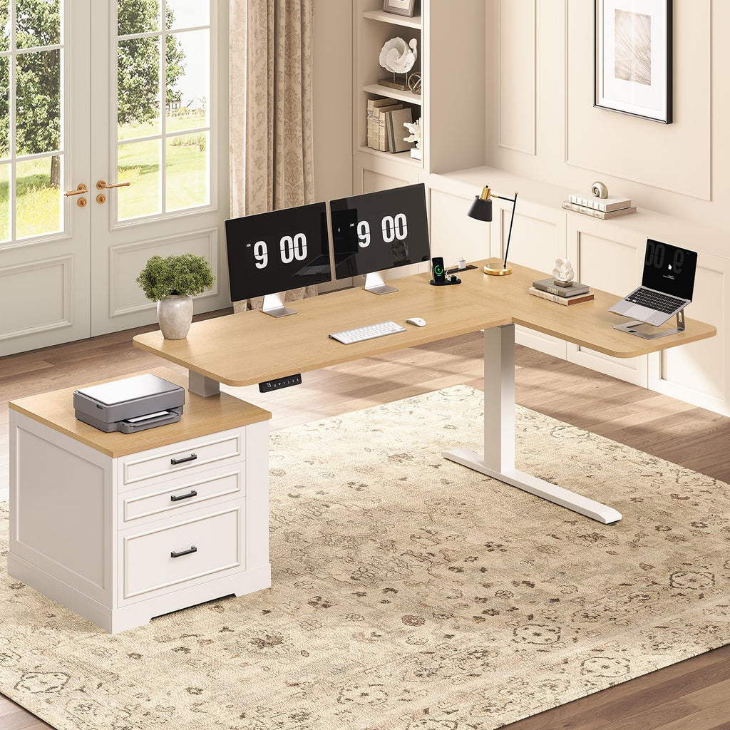 L Shaped Height Adjustable Standing Desk with 3 Drawers T492