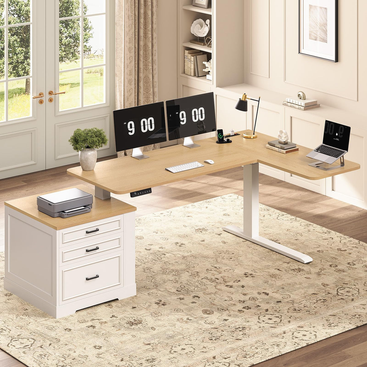 L Shaped Height Adjustable Standing Desk with 3 Drawers T492