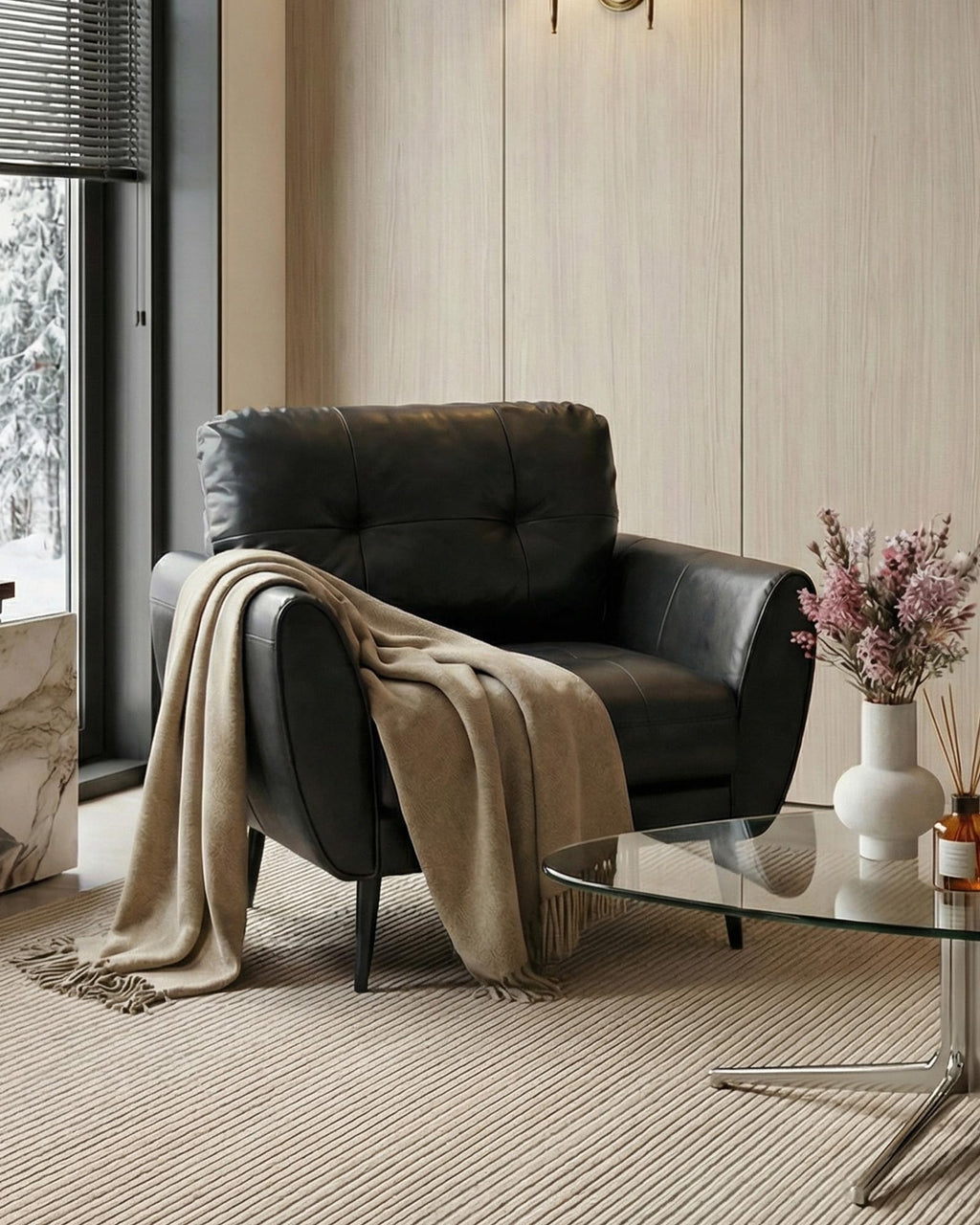 Black Leather Tufted Accent Chair R344