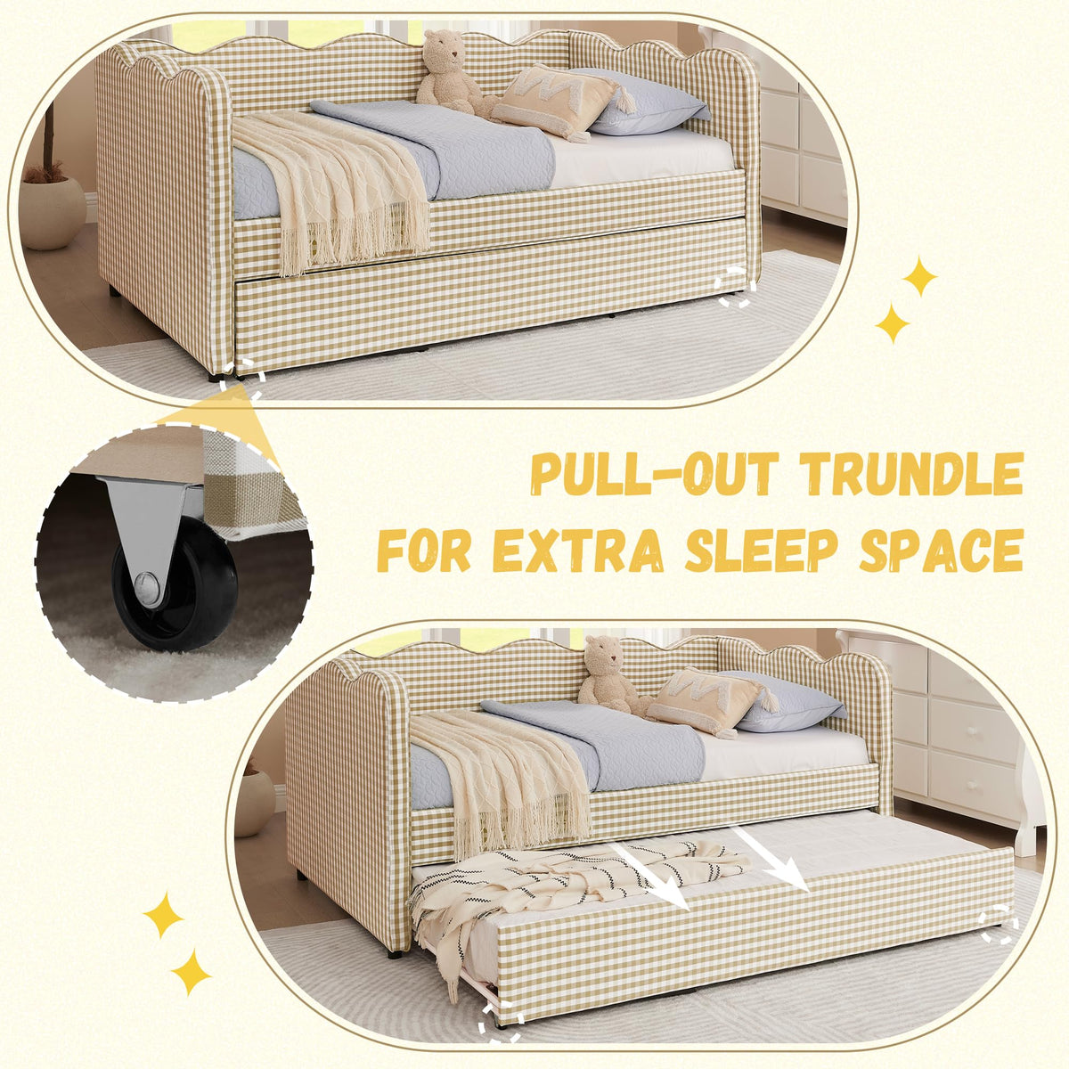 Twin Size Gingham Daybed with Trundle and USB Ports X920
