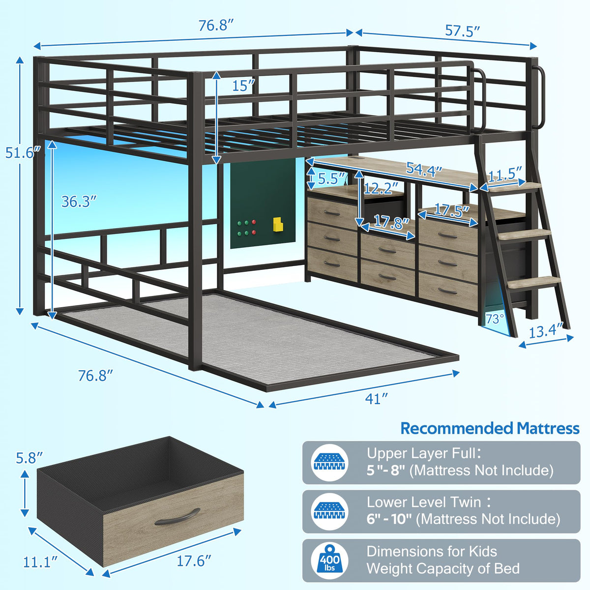 Full Over Twin Bunk Bed with 8 Drawers Grey X4378