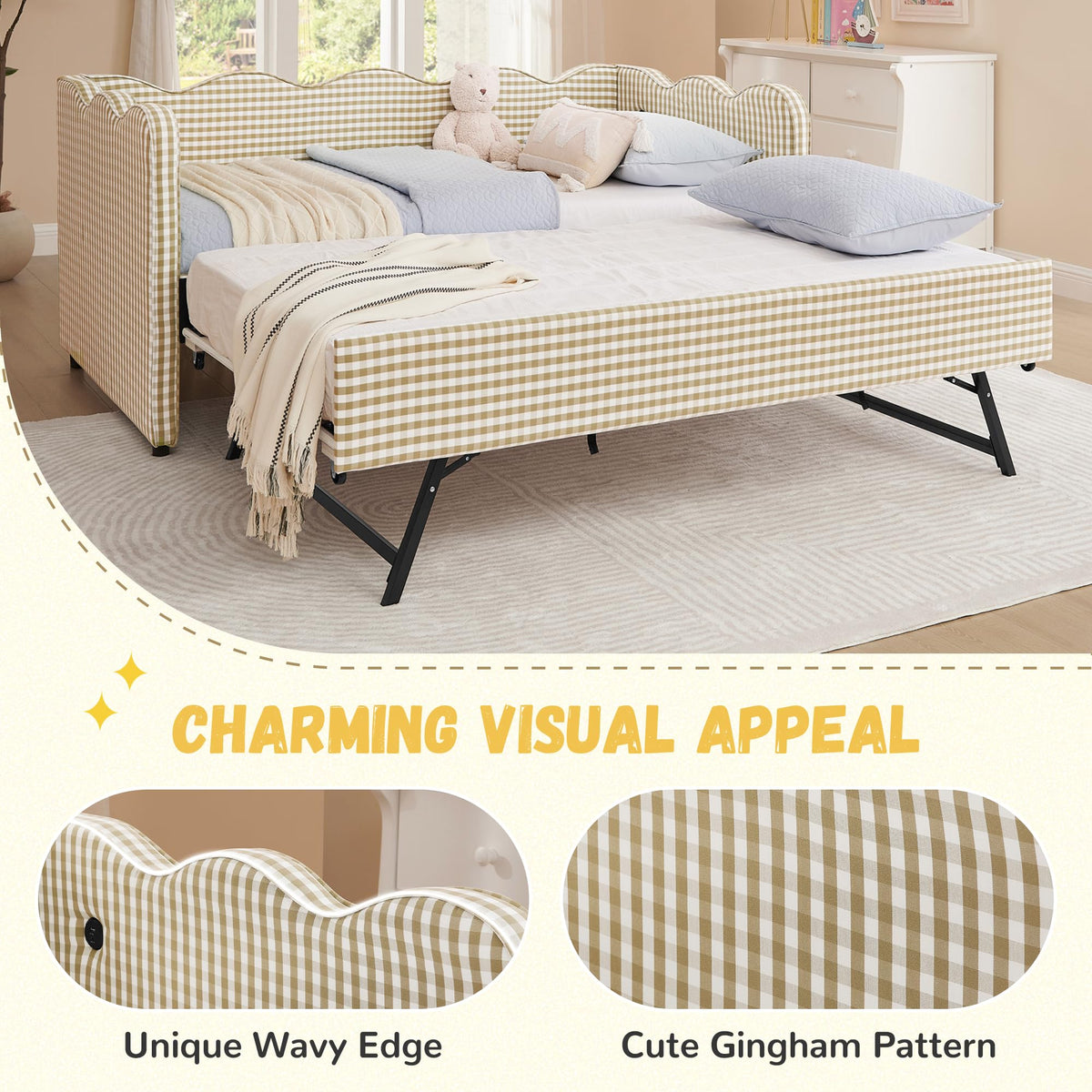 Twin Size Gingham Daybed with Trundle and USB Ports X920