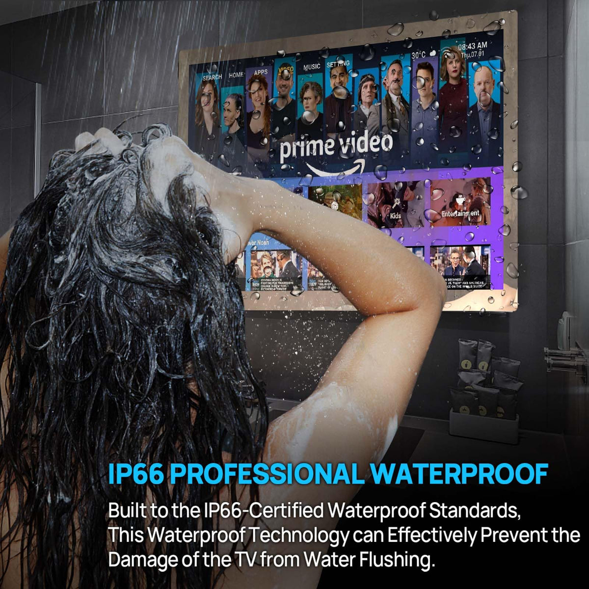 32" 4K Ultra HD Smart Bathroom Mirror TV, IP66 Waterproof, Wall Mounted K92107