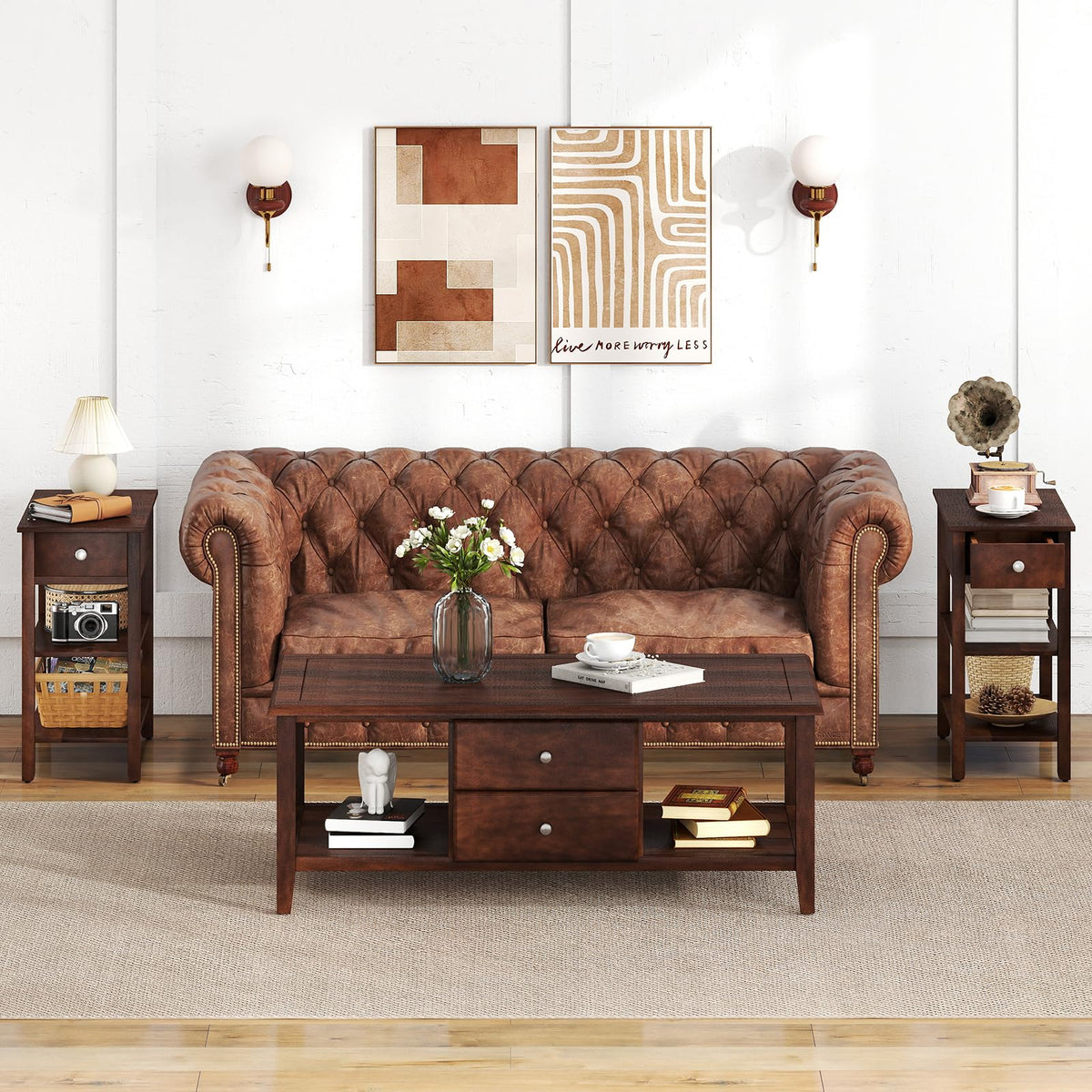 Narrow End Table Set of 2 Wood 3-Tier M2834