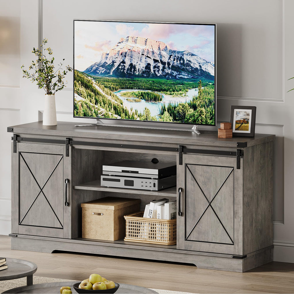 59" Farmhouse TV Stand with Sliding Barn Doors & Adjustable Shelves, Gray P5734