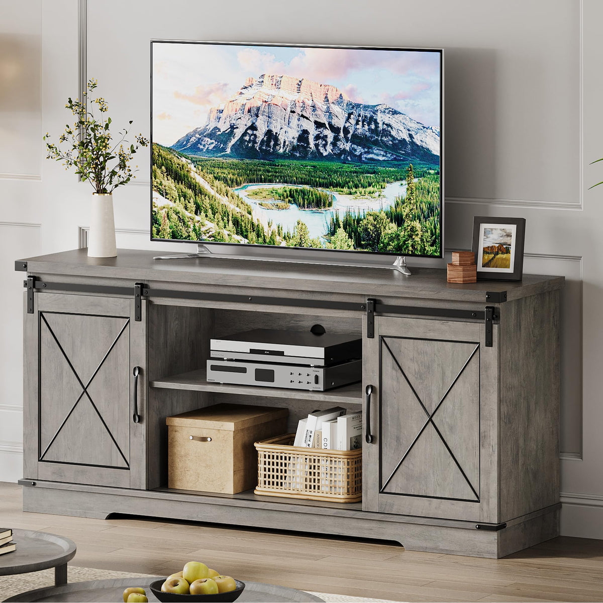 59" Farmhouse TV Stand with Sliding Barn Doors & Adjustable Shelves, Gray P5734