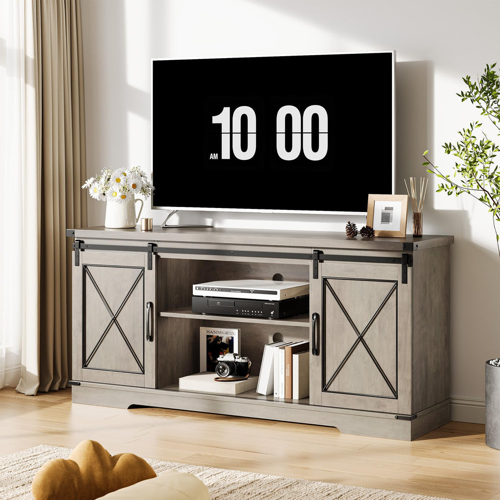 Farmhouse TV Stand with Sliding Barn Doors and Storage Cabinets, Grey P8467