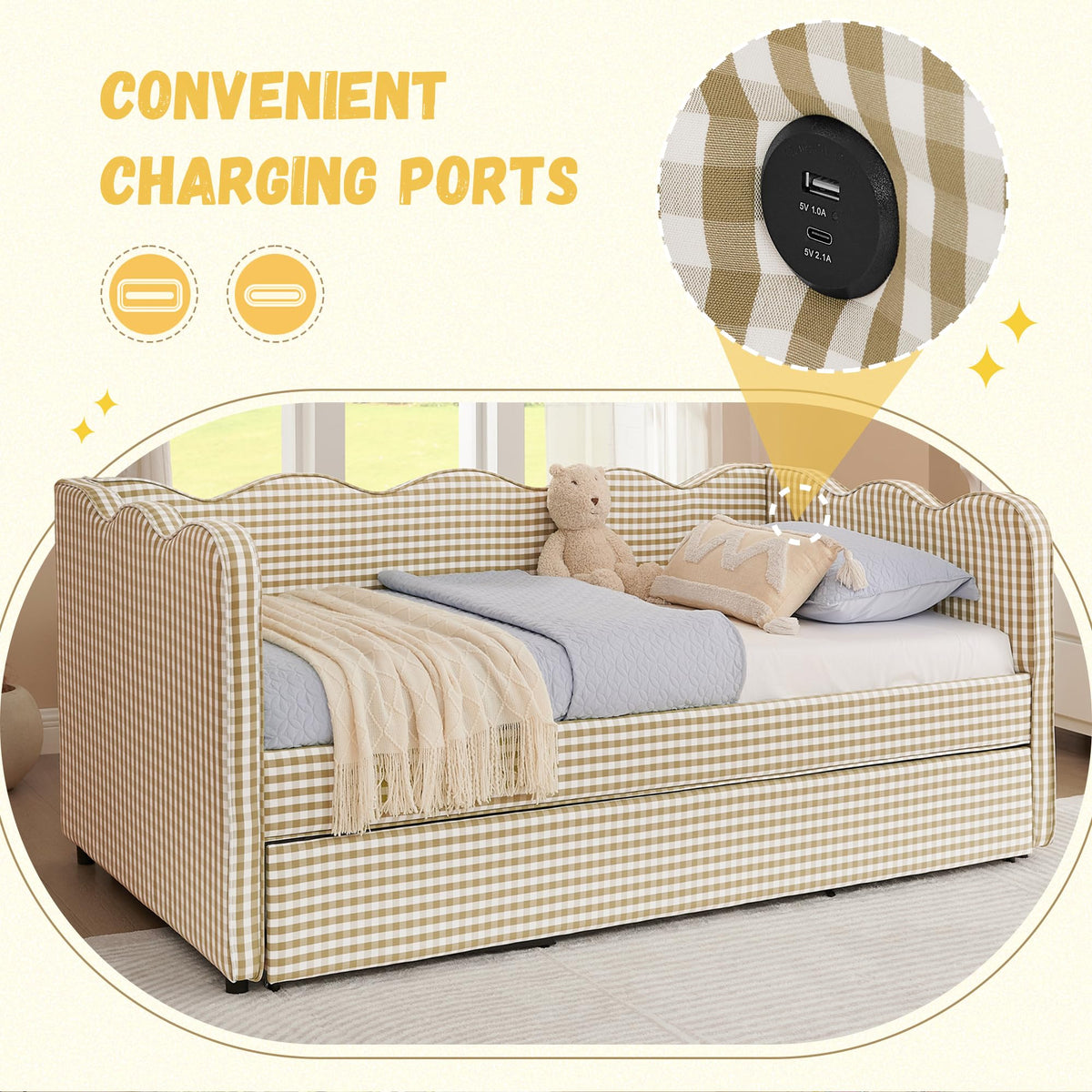 Twin Size Gingham Daybed with Trundle and USB Ports X920