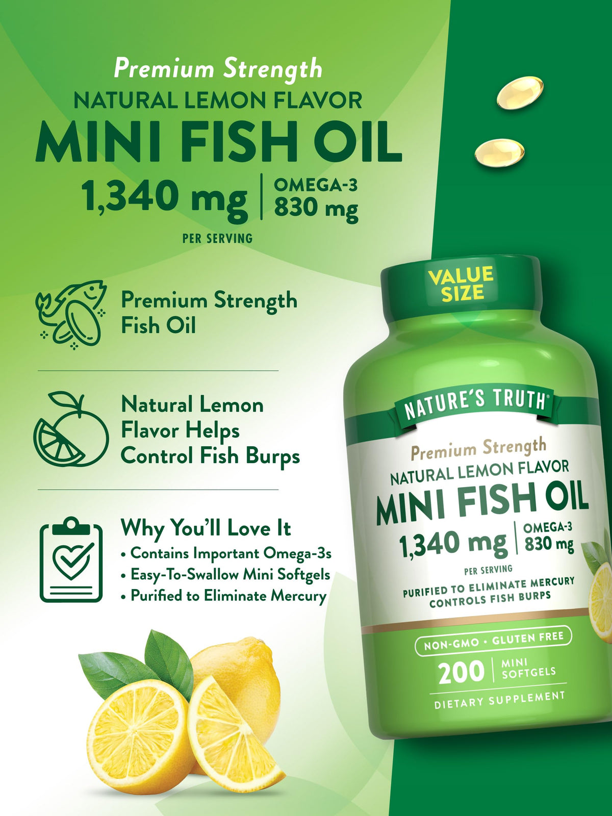 Fish Oil Omega 3 1340 mg 200 Mini Softgels U51355