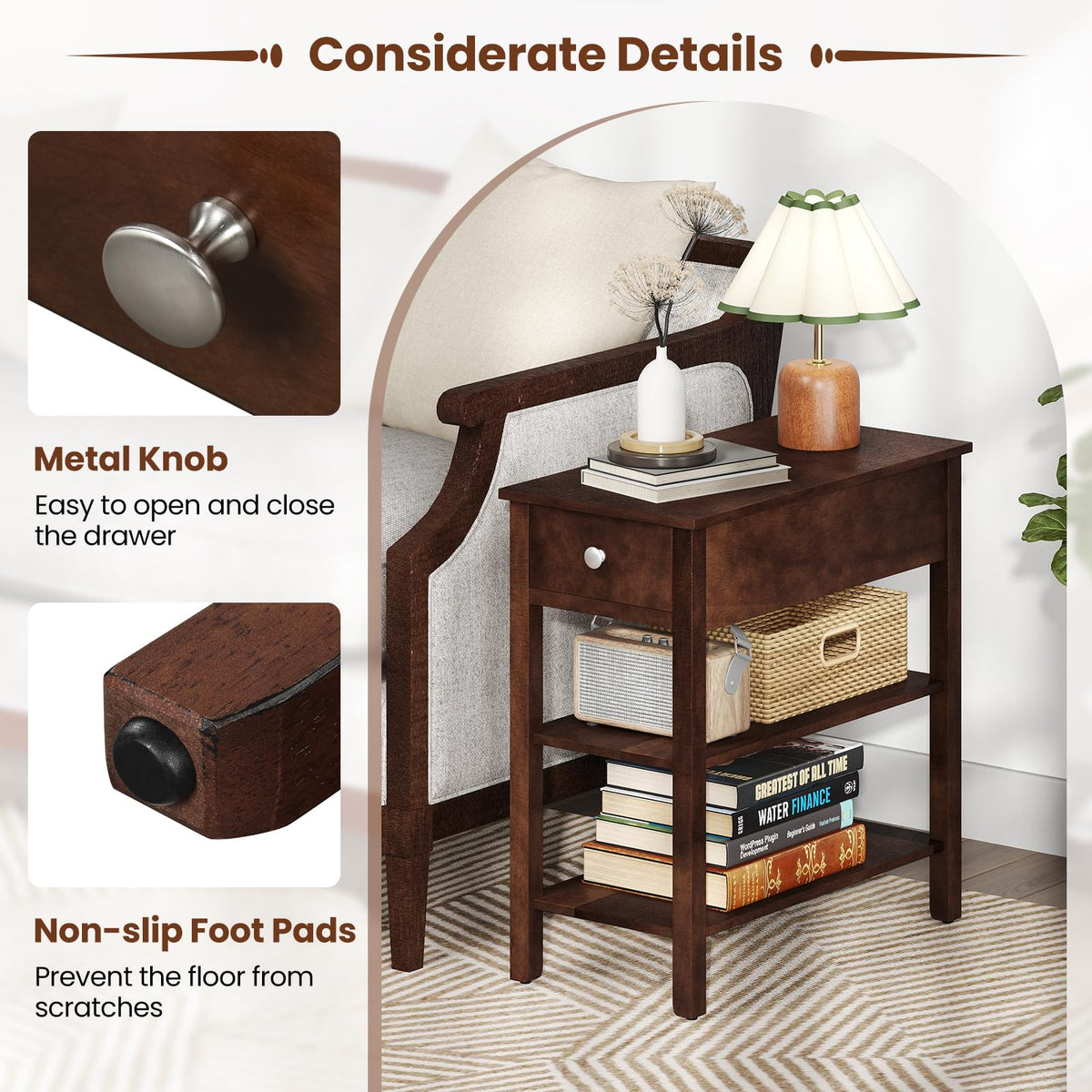 Narrow End Table Set of 2 Wood 3-Tier M2834