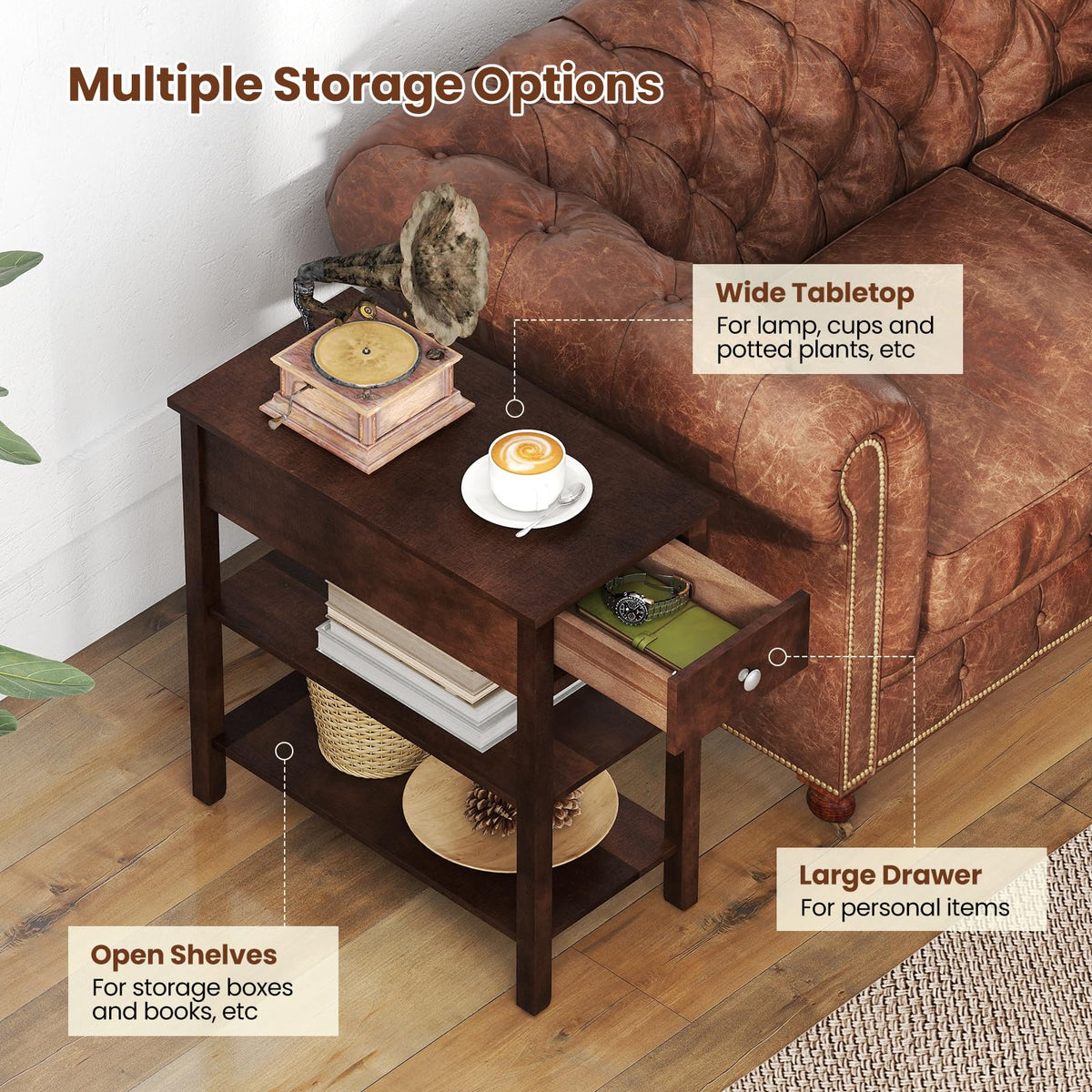 Narrow End Table Set of 2 Wood 3-Tier M2834