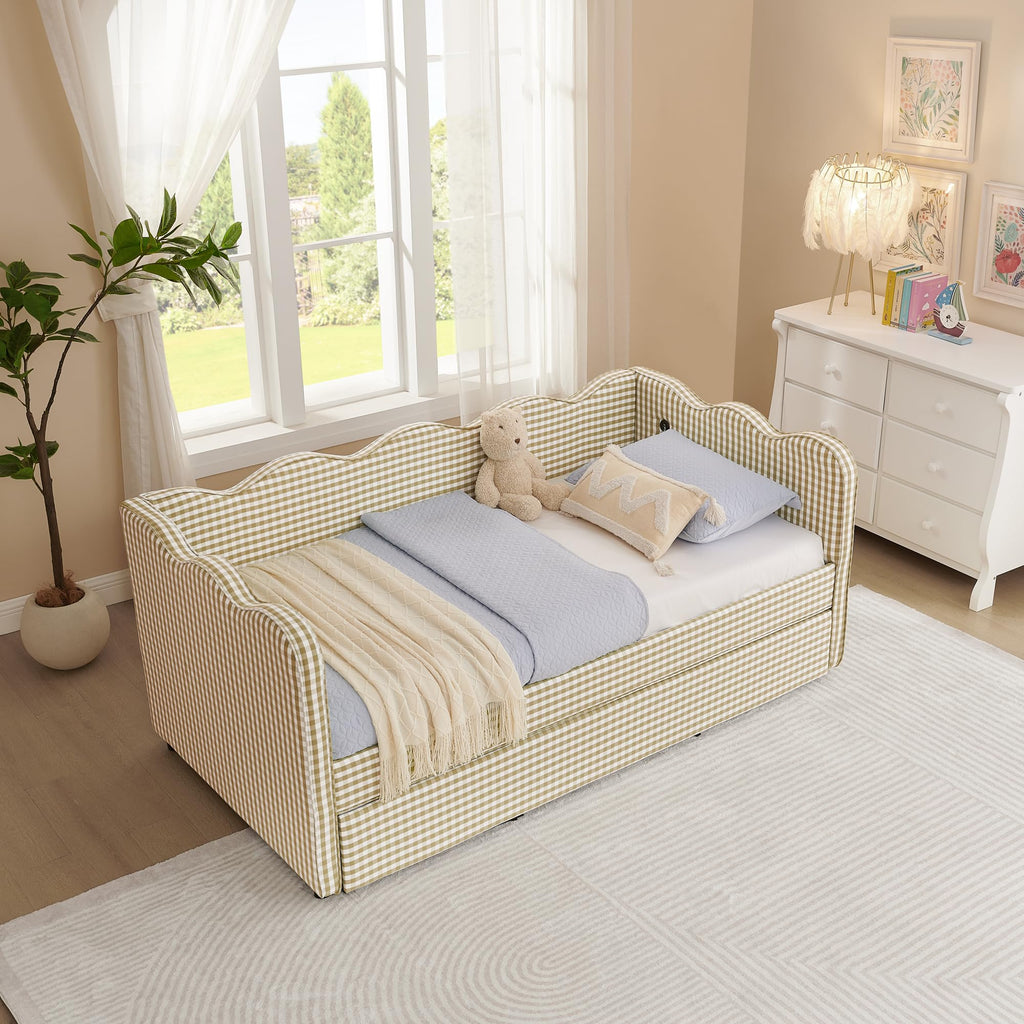 Twin Size Gingham Daybed with Trundle and USB Ports X920