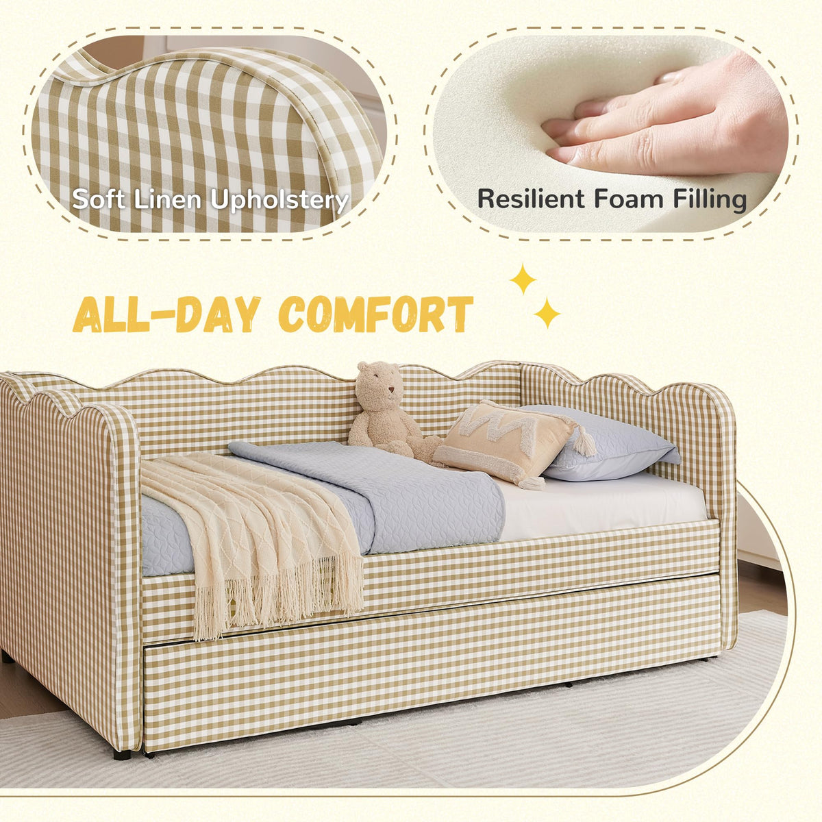 Twin Size Gingham Daybed with Trundle and USB Ports X920