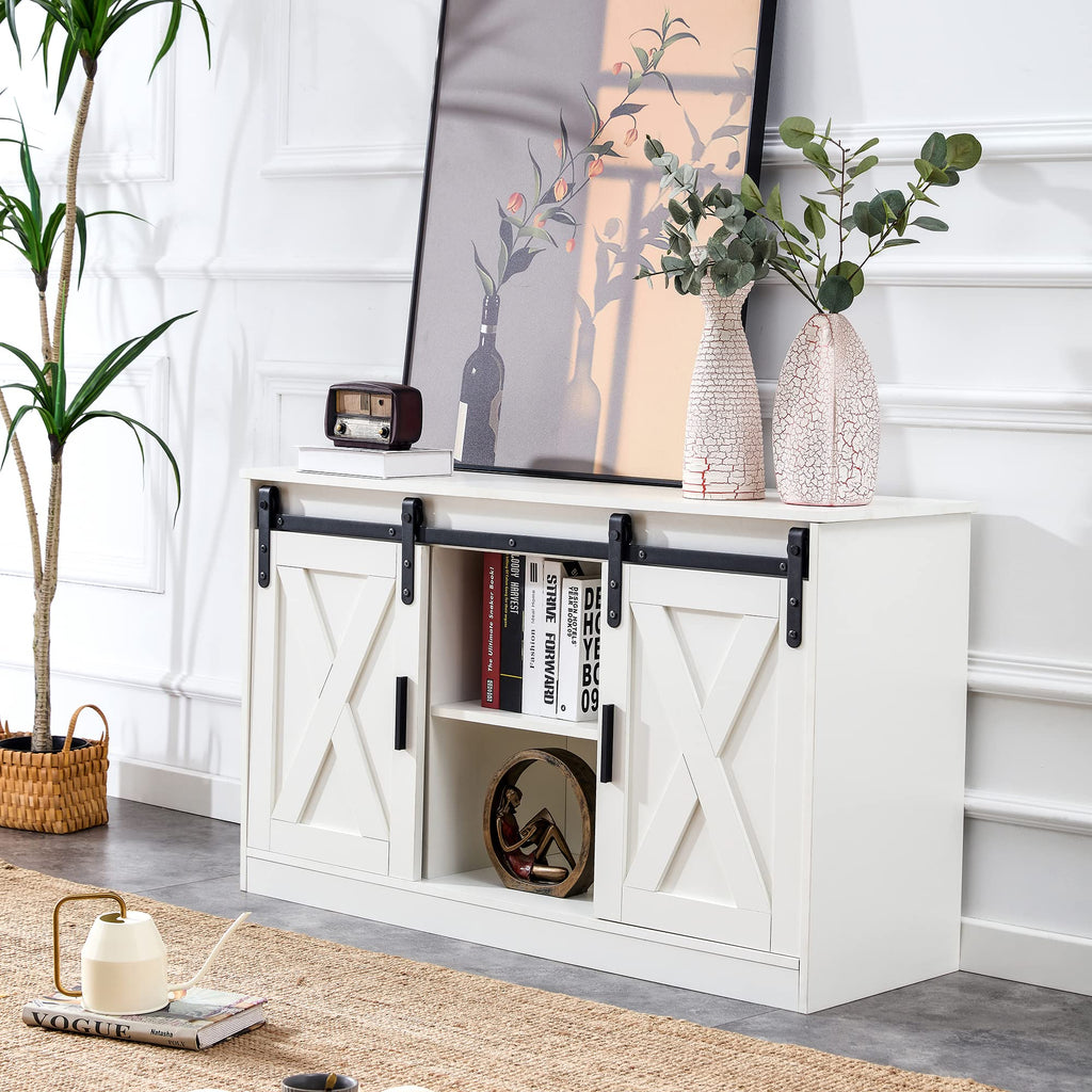 White Farmhouse TV Stand with Sliding Barn Door and Storage Cabinets A373