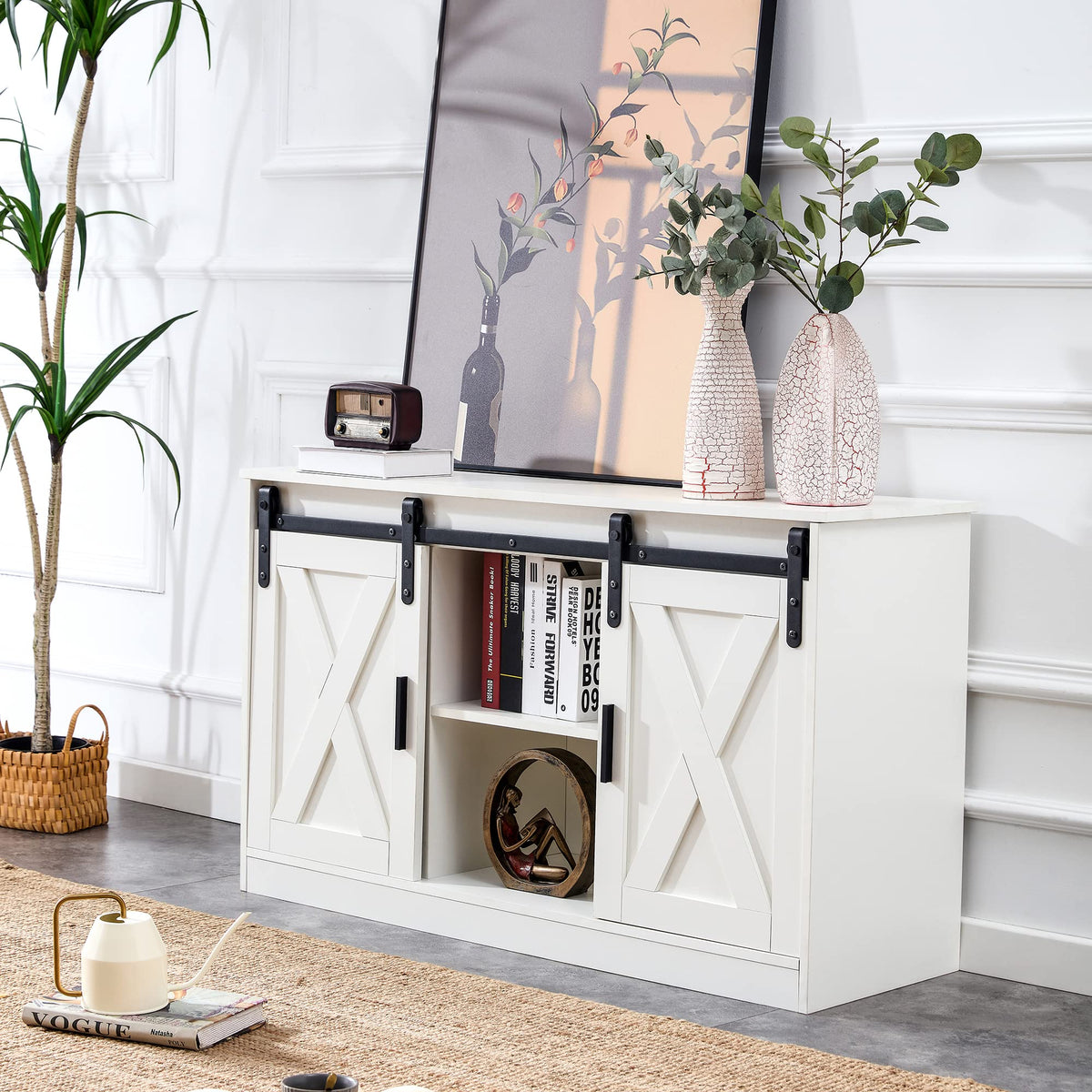 White Farmhouse TV Stand with Sliding Barn Door and Storage Cabinets A373