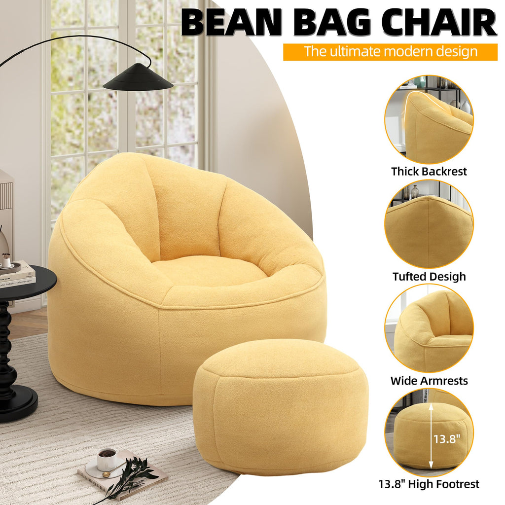 Yellow 3.4 FT Bean Bag Chair with Ottoman K886973