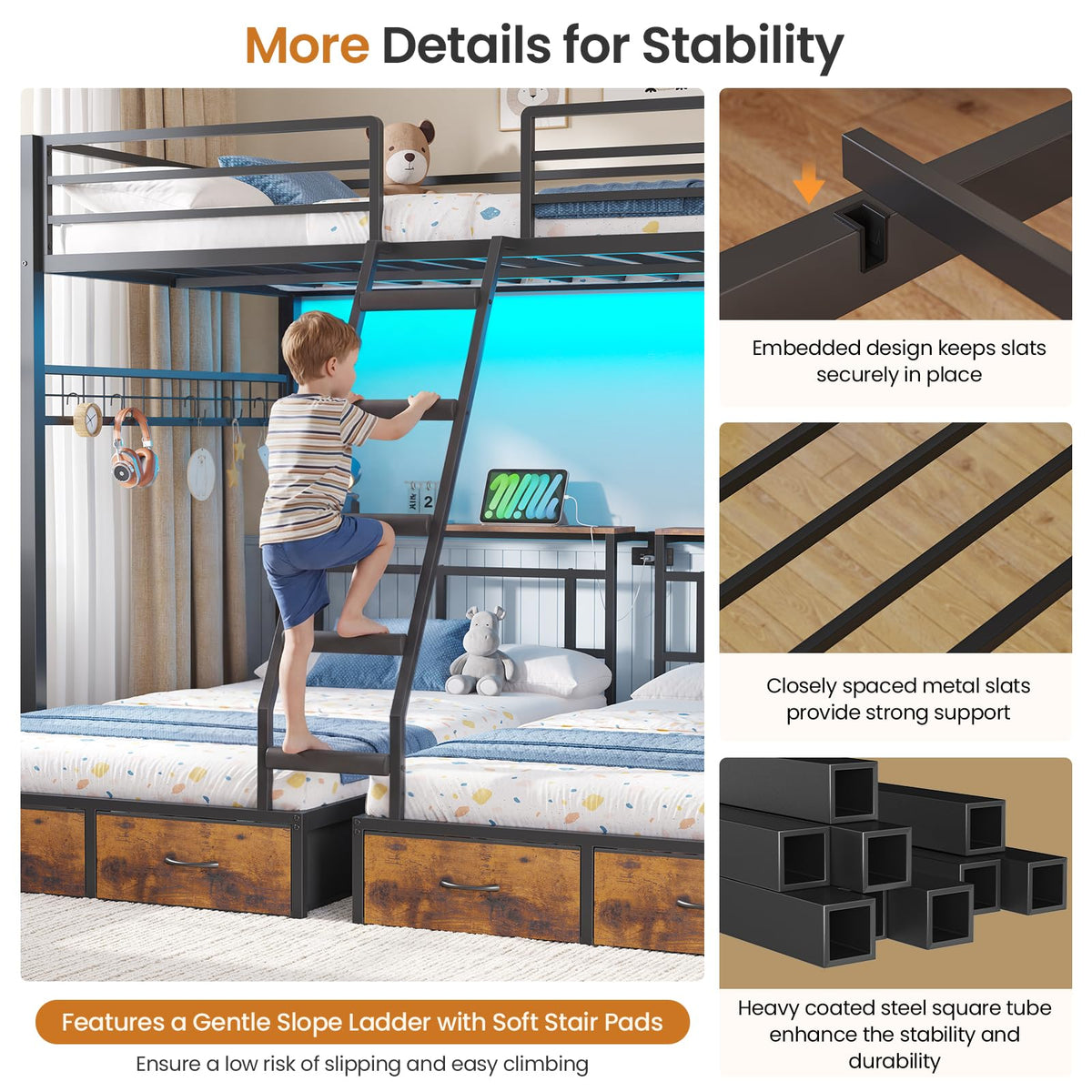 Black Triple Bunk Bed with 8 Storage Drawers and Stair V25739