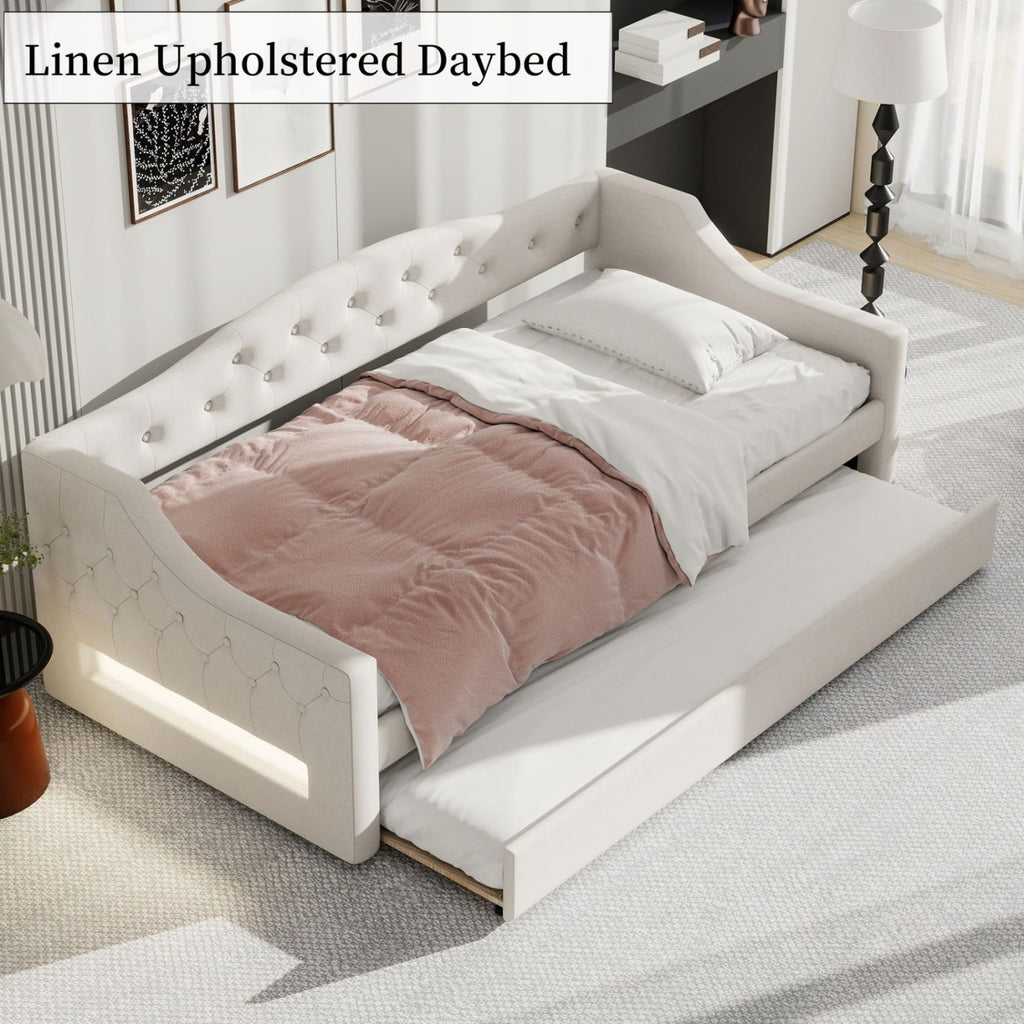 White Twin Size Linen Upholstered Daybed with Trundle B21457