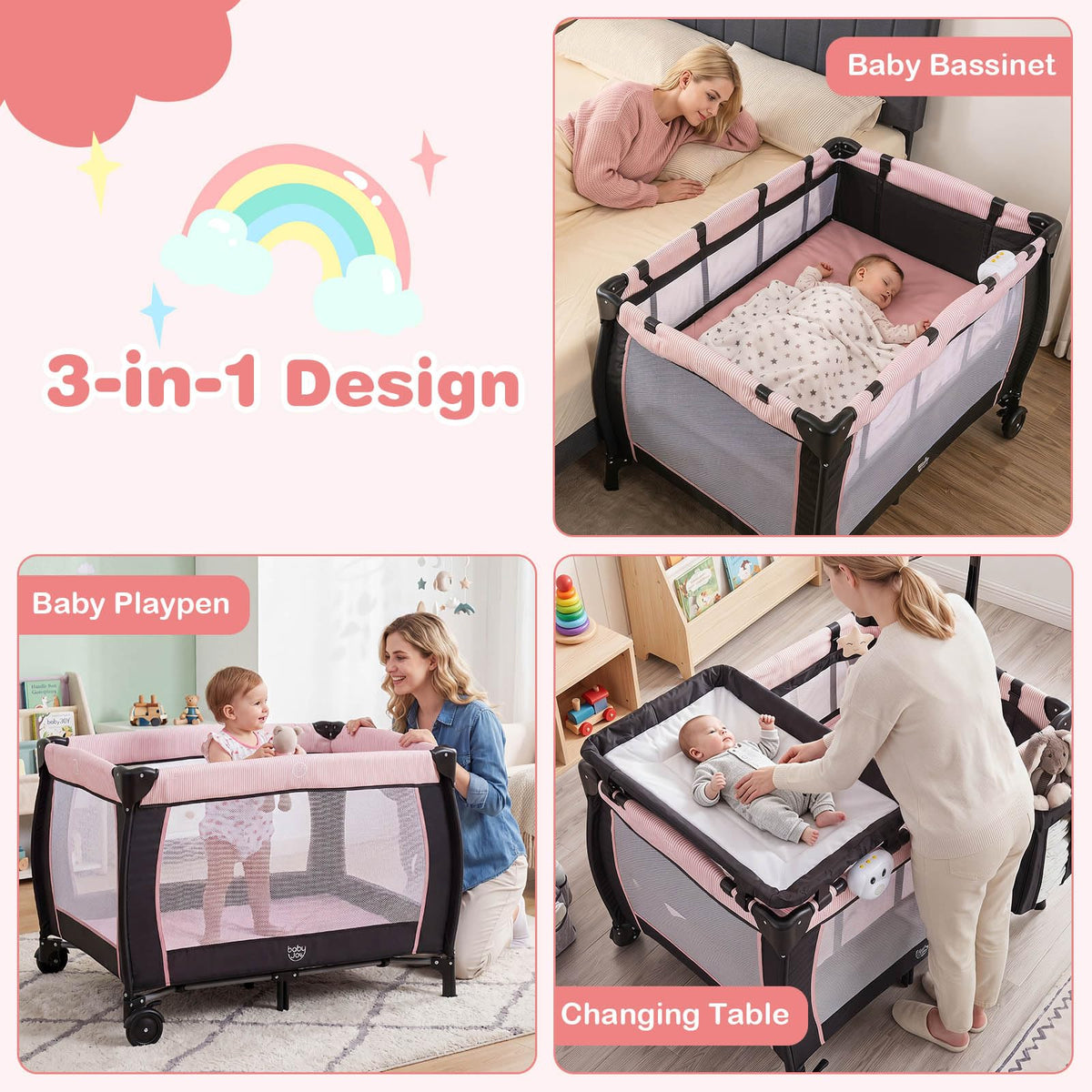 3 in 1 Pack and Play Portable Baby Playard with Bassinet T32947