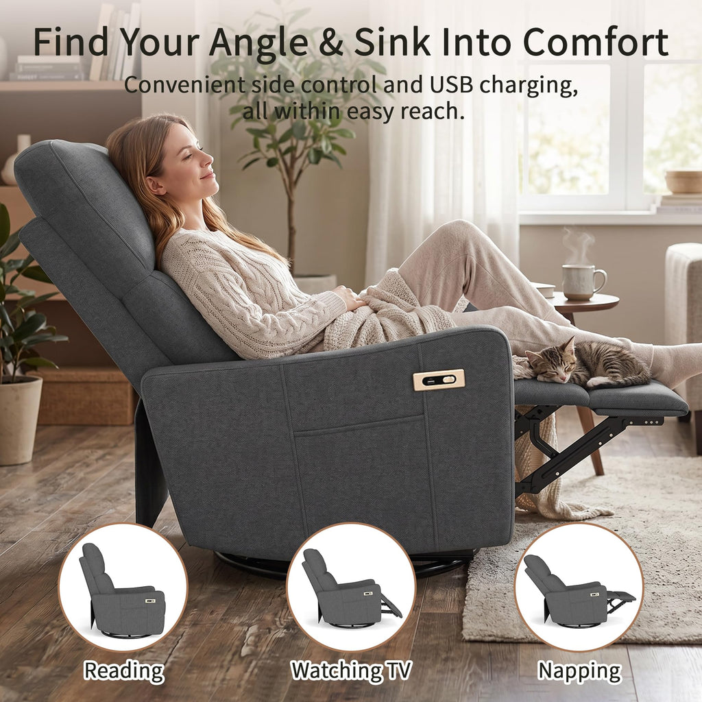 29" Electric Power Swivel Rocking Recliner Chair Dark Gray J544787