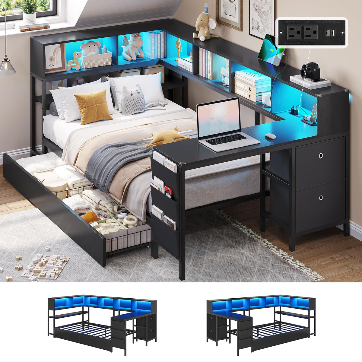 Black Twin Size Corner Bed Frame with Desk and Storage Y6786