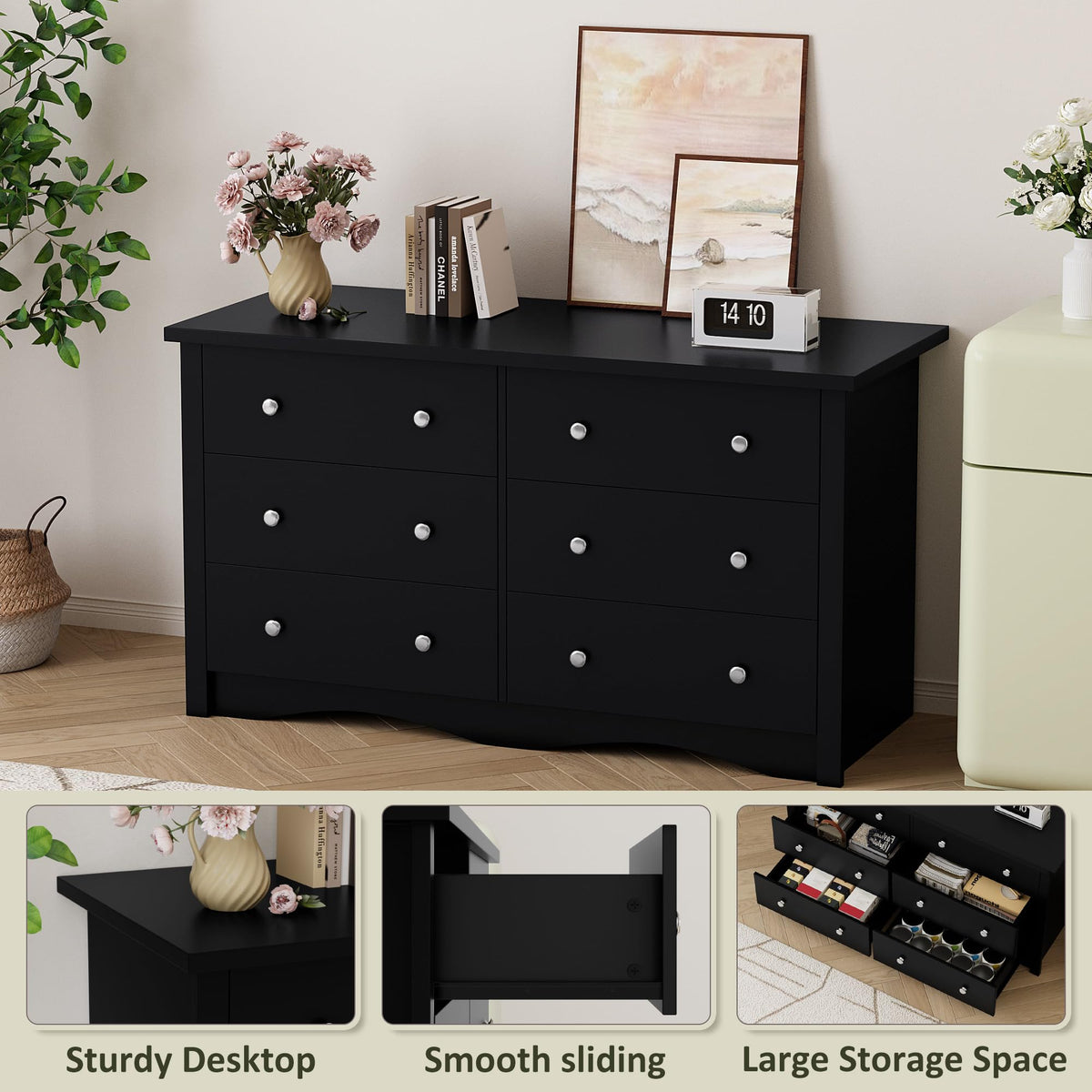 Black 6 Drawer Wood Dresser Q617