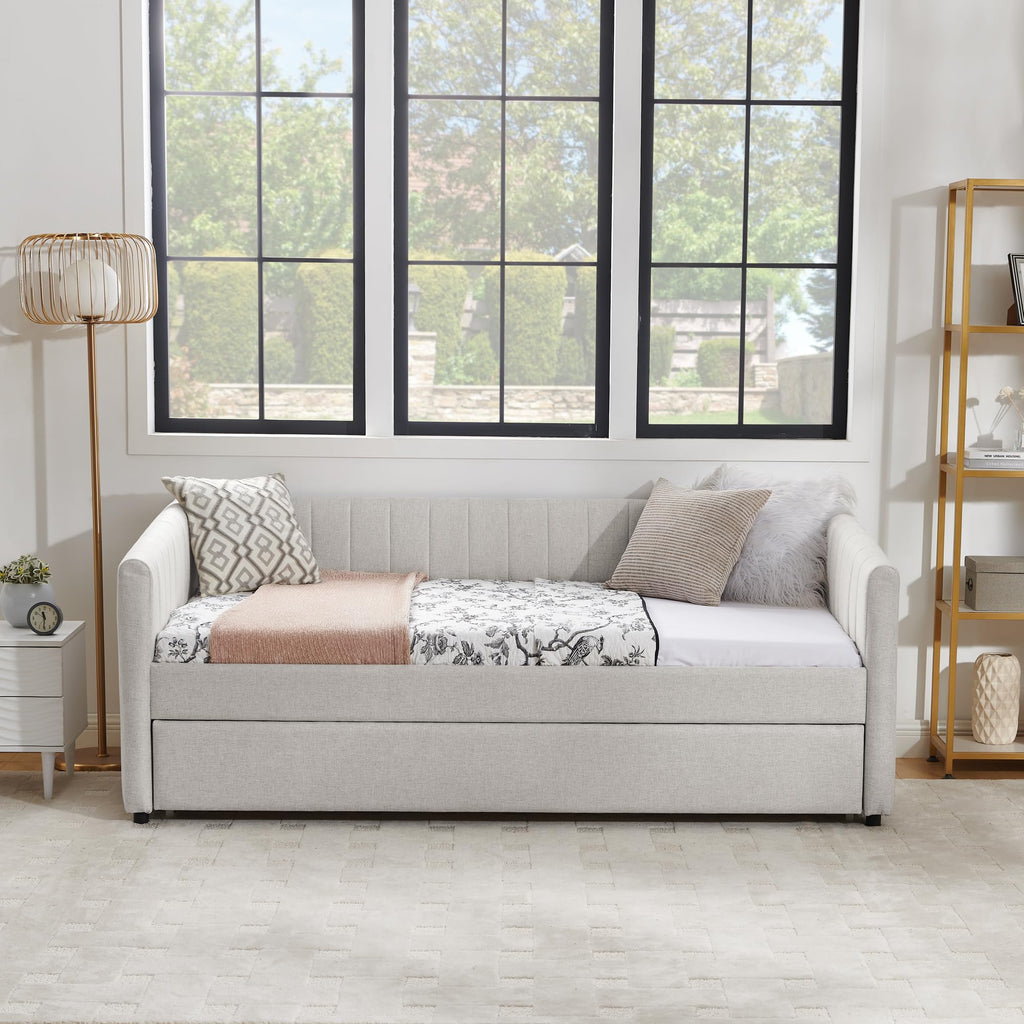 Beige Linen Twin Size Daybed with Trundle Z1891