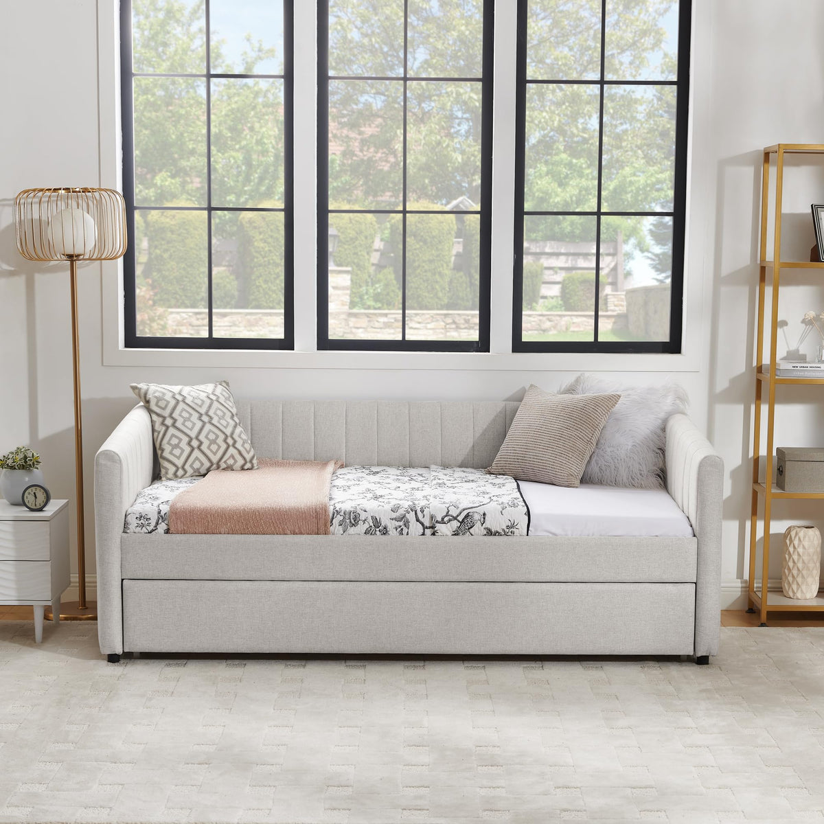 Beige Linen Twin Size Daybed with Trundle Z1891