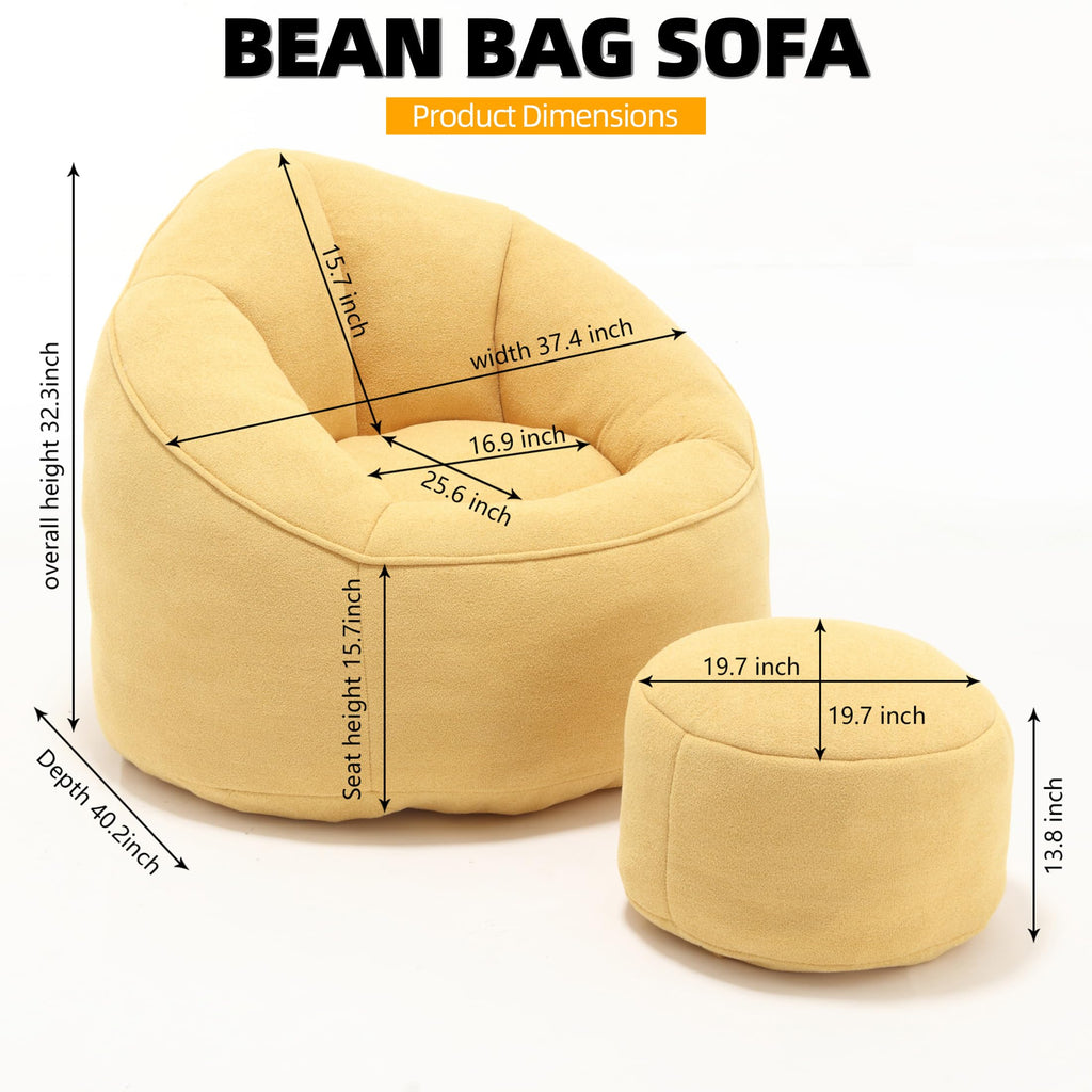 Yellow 3.4 FT Bean Bag Chair with Ottoman K886973
