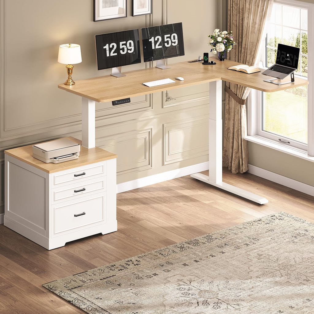L Shaped Height Adjustable Standing Desk with 3 Drawers T492