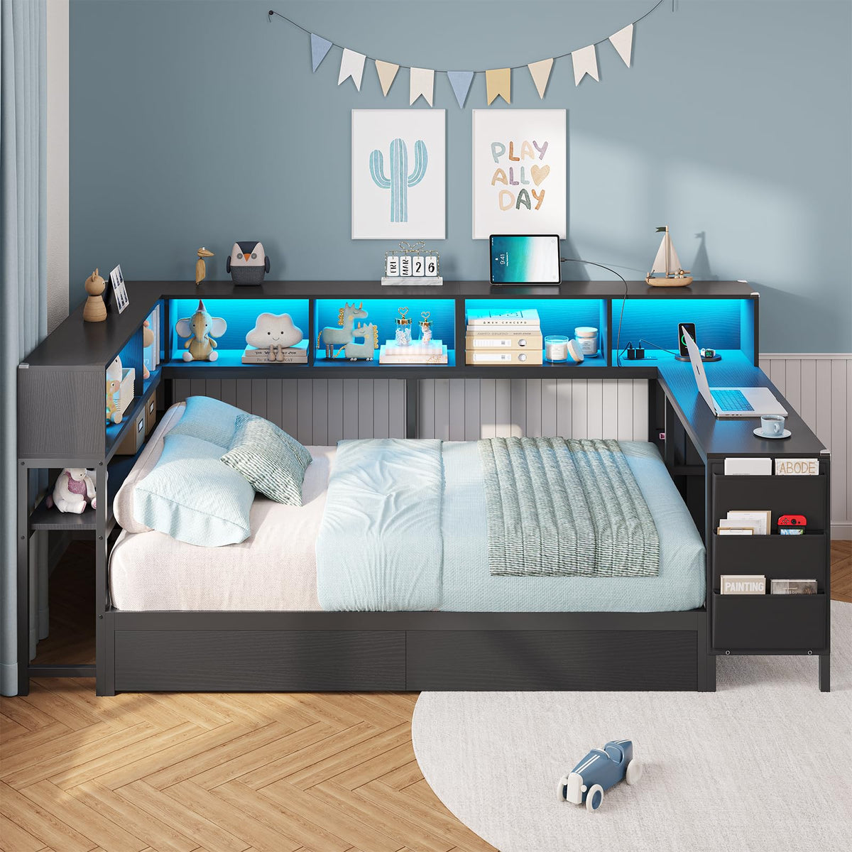 Black Twin Size Corner Bed Frame with Desk and Storage Y6786