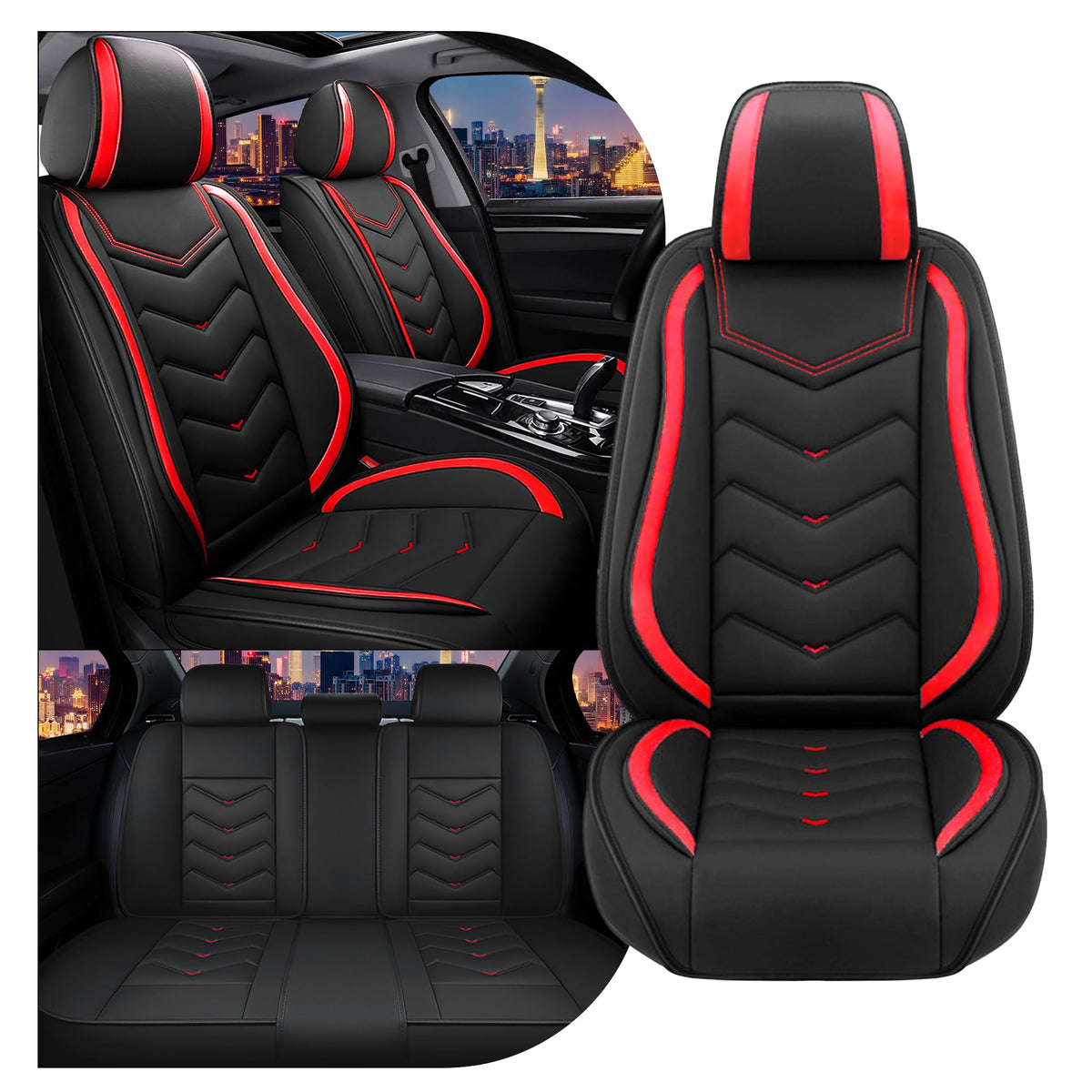 Black Red Nappa Leather Car Seat Covers Set S967235