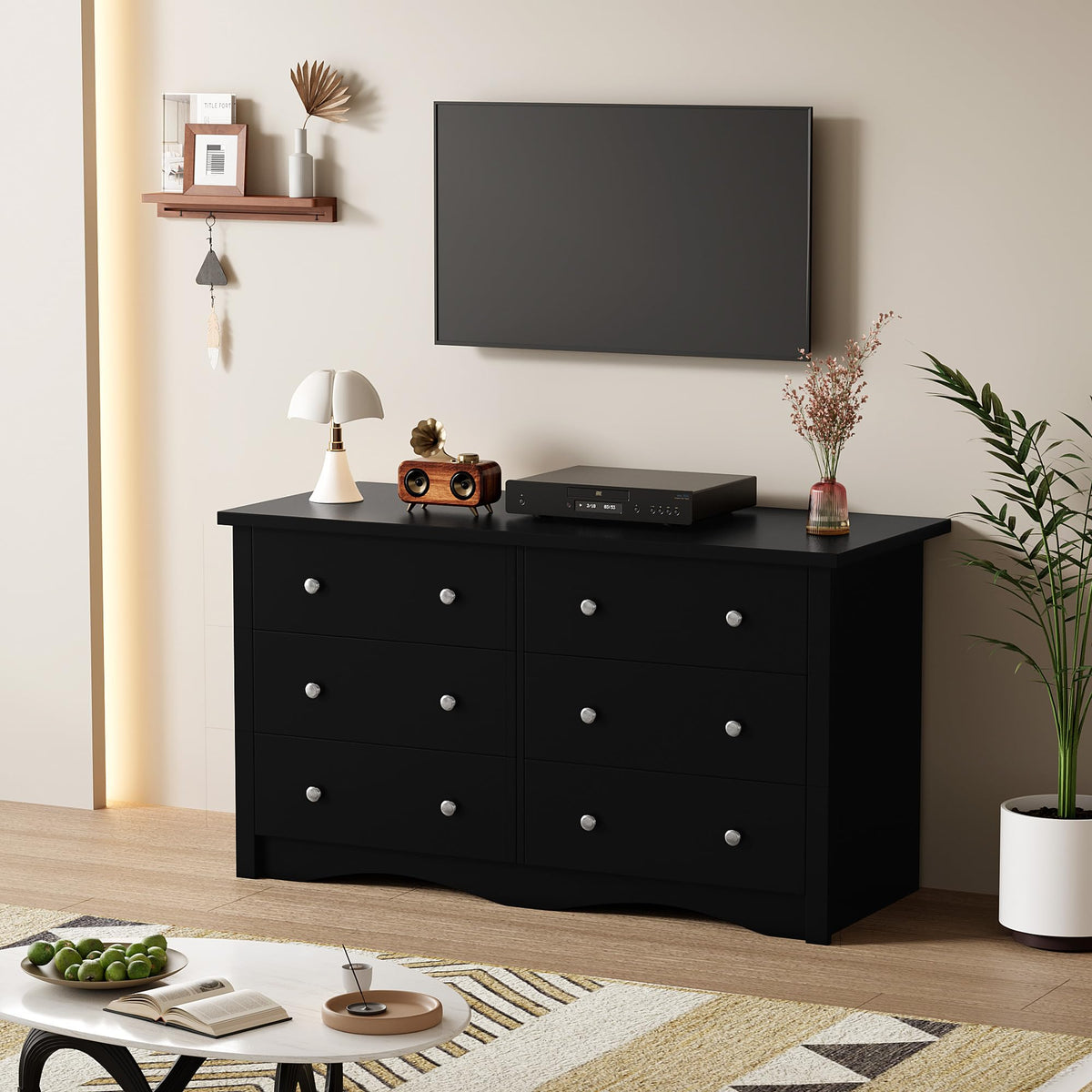 Black 6 Drawer Wood Dresser Q617