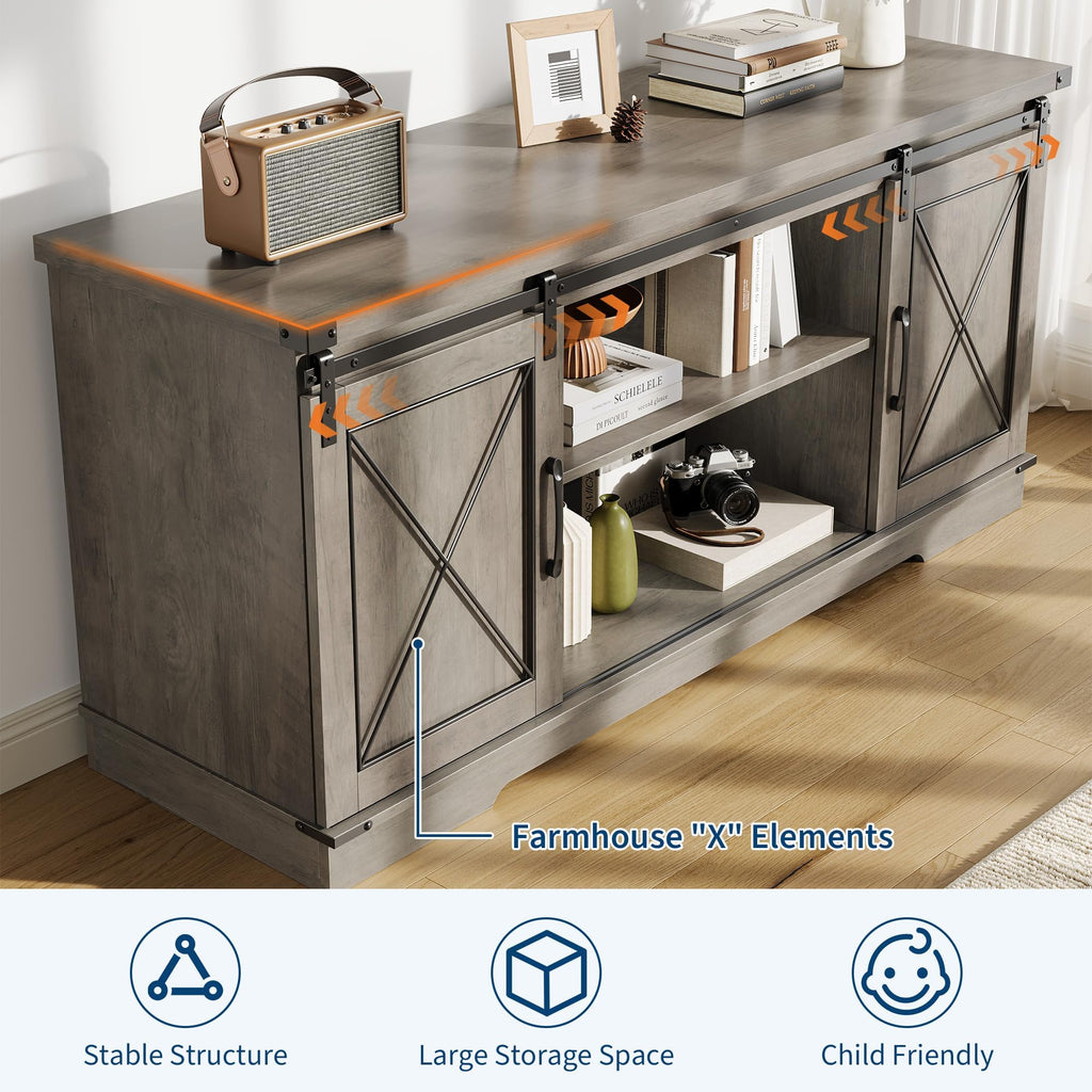 Farmhouse TV Stand with Sliding Barn Doors and Storage Cabinets, Grey P8467