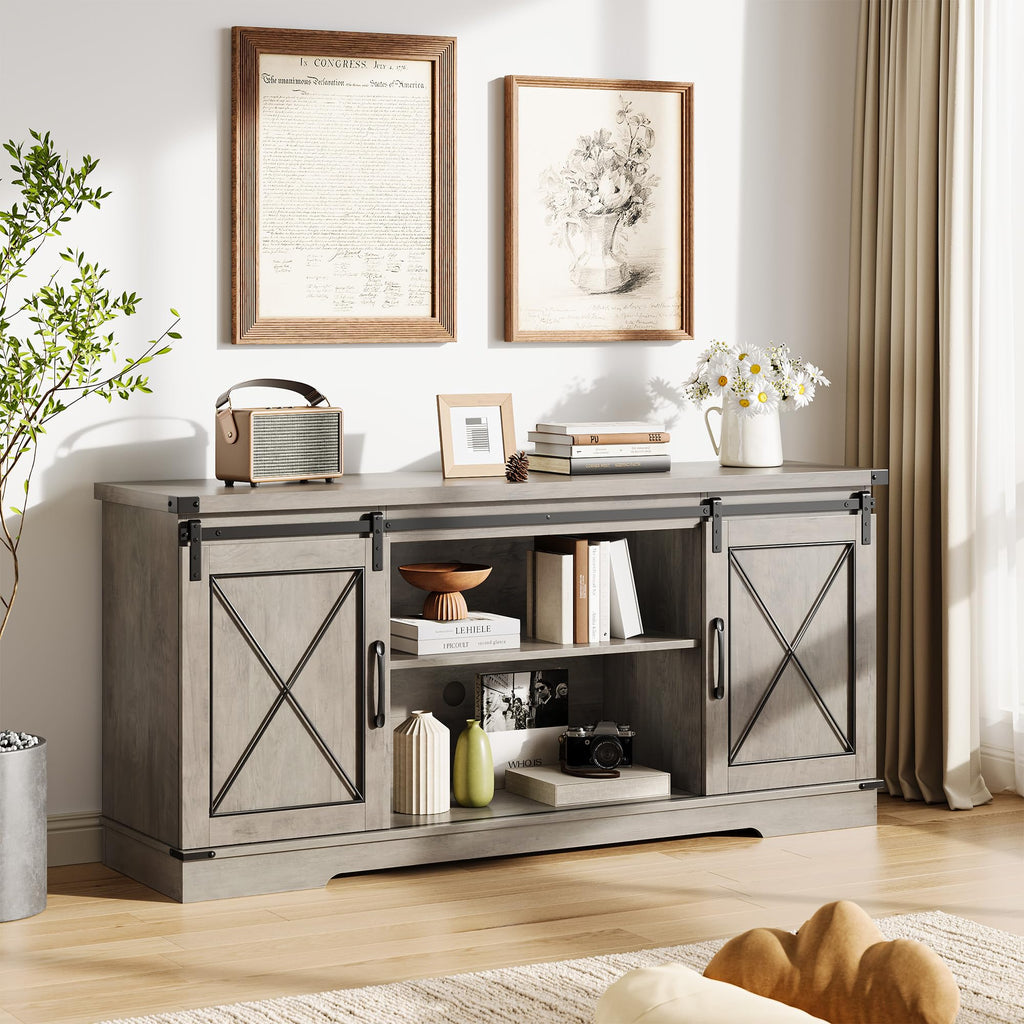 Farmhouse TV Stand with Sliding Barn Doors and Storage Cabinets, Grey P8467