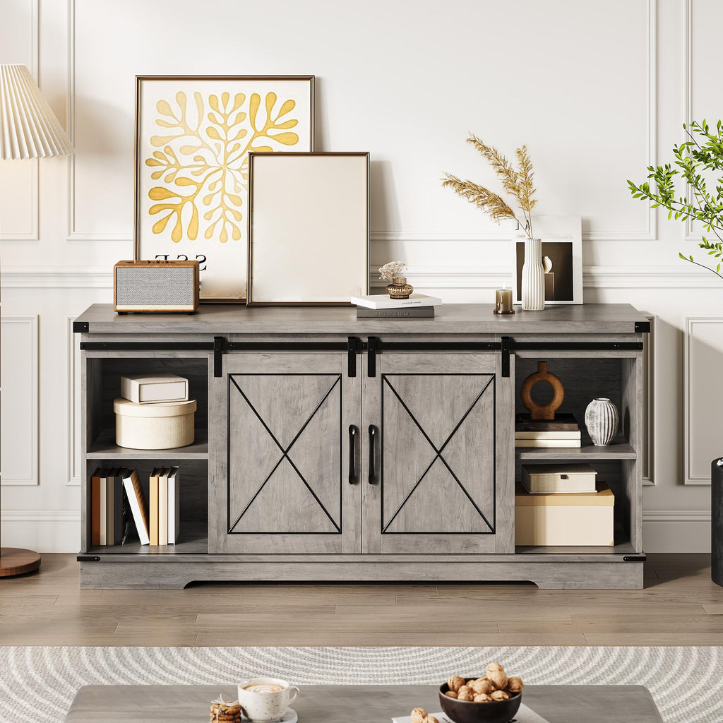 59" Farmhouse TV Stand with Sliding Barn Doors & Adjustable Shelves, Gray P5734